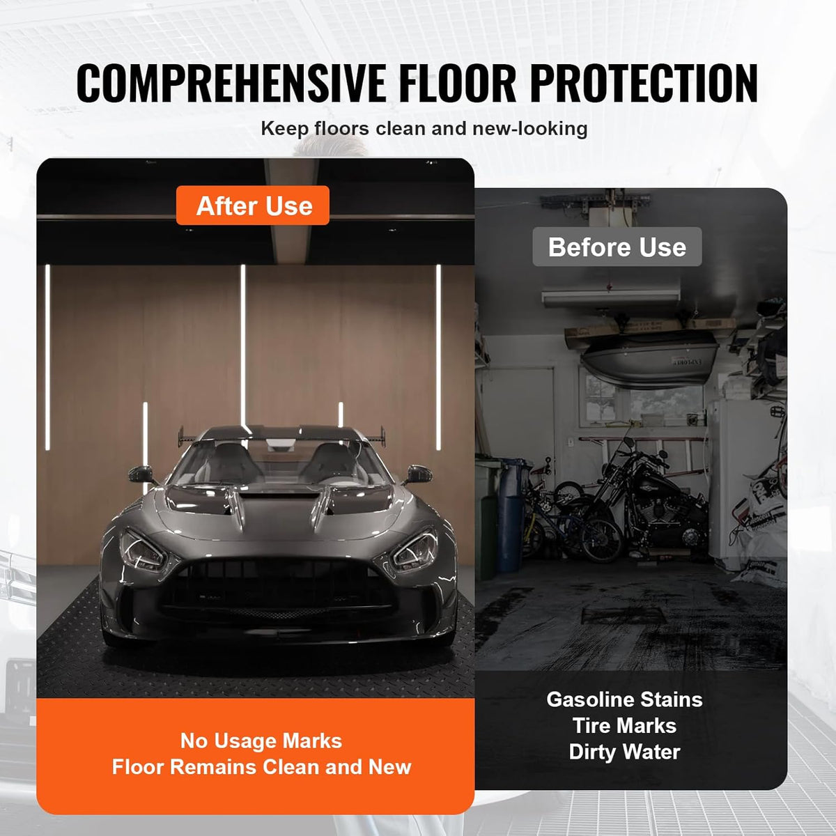 VEVOR Floor Mats, 2 Rolls x 14.7 x 3.6 Ft PVC Flooring Roll, Non-Slip Diamond Texture, 123.14 sq.ft Covering Space, Black Mats for Under Cars, Garage Industry Gym