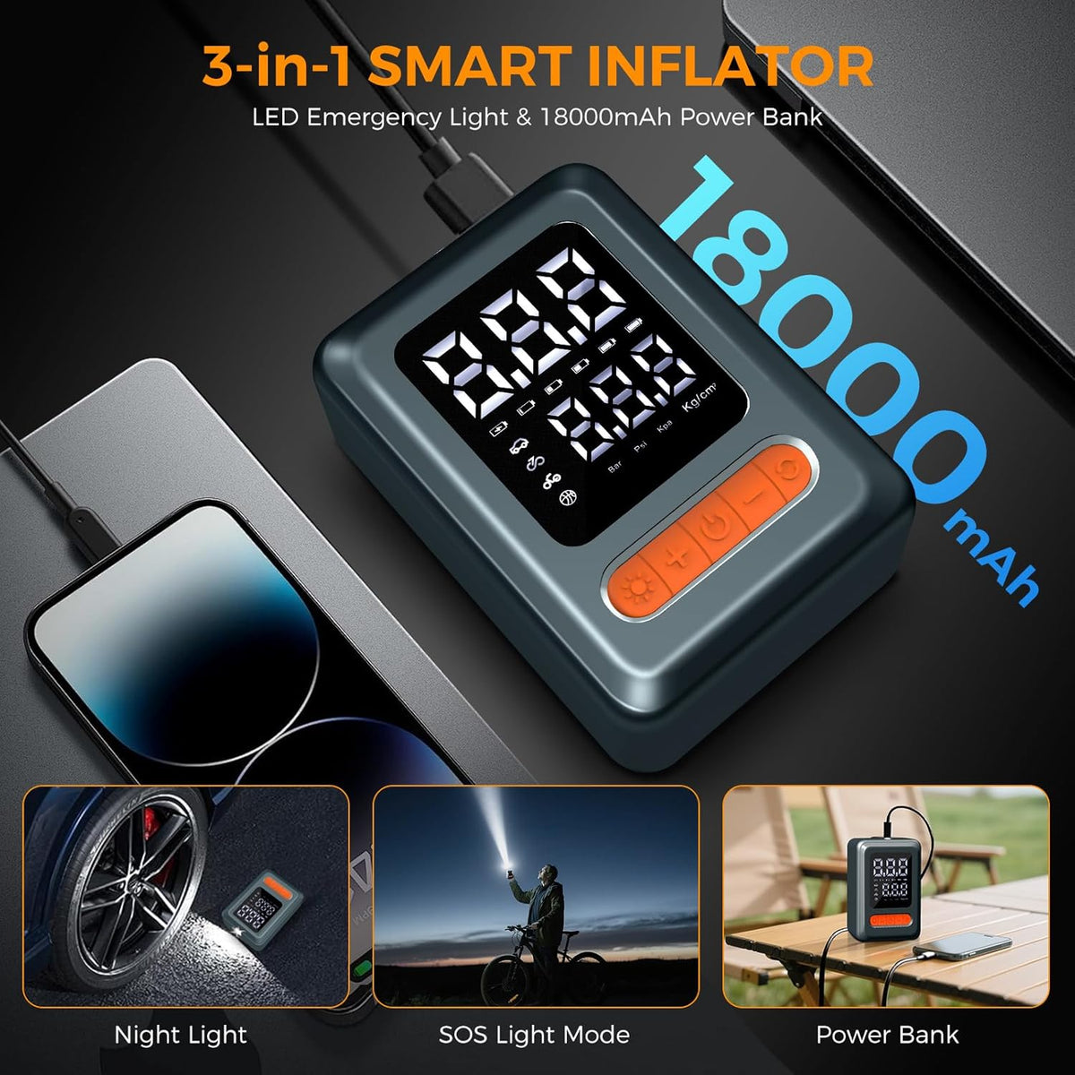 Tire Inflator Portable Air Compressor, 150 PSI Cordless Mini Bike Tire Pump, Air Pump for Auto, Motorcycle, Bicycle, Balls with Pressure Gauge&LED Light, Grey, Medium
