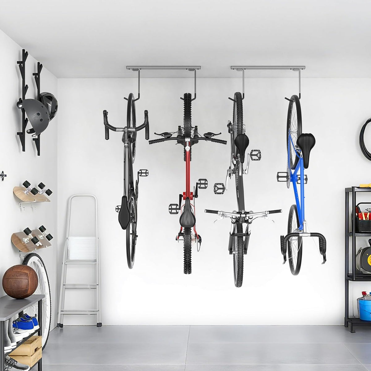 TORACK Overhead Bike Rack for Garage, Ceiling-Mounted Bicycle Storage Hooks for 2 Bikes (Horizontal) or 4 Bikes (Vertical), Adjustable Bicycle Hooks for Mountain, Road, and Kids' Bike