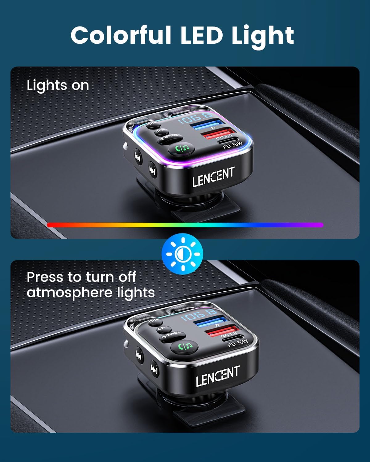 LENCENT Bluetooth 5.3 FM Transmitter Car Adapter 48W (PD30W & QC18W) Fast Charger, Light Switch, HiFi Bass Sound Audio Receiver Wireless Radio MP3 Music Player, Hands-Free Calling, Support USB Drive
