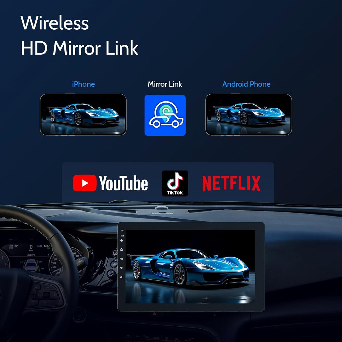 Single din Car Stereo,Rotatable Carplay Screen with 1080P Rear Camera,Wireless CarPlay & Android Auto Touch Screen,Mirror Link|Bluetooth|Music Play|AUX|FM,10.1" Wireless Single Din Car Radio