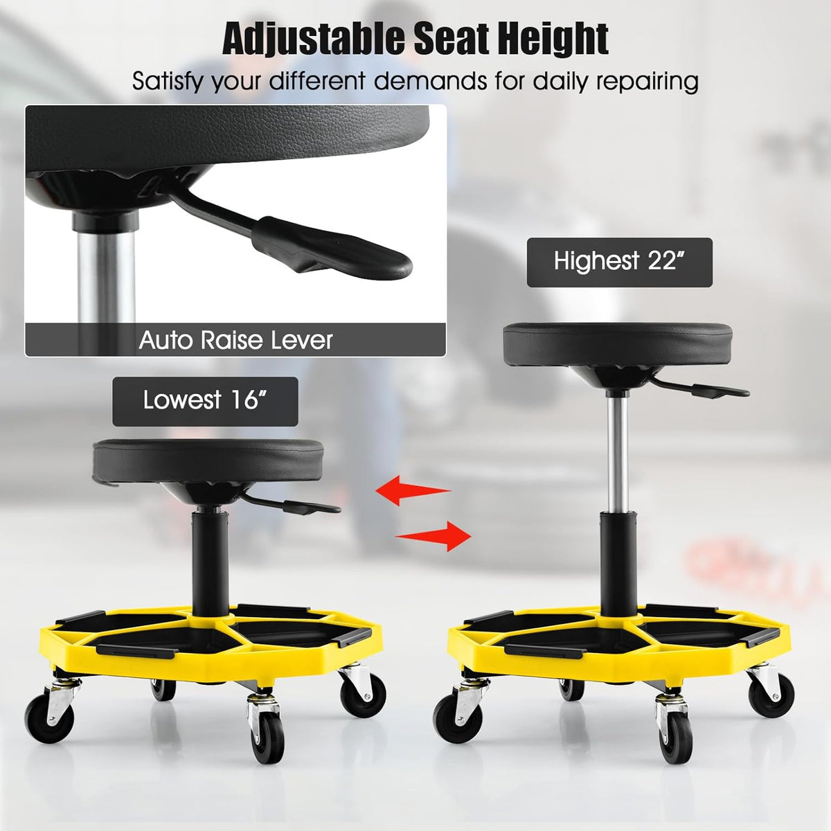 IRONMAX Rolling Mechanic Stool, Adjustable Shop Stool Creeper Seat with Removable Tool Tray, Padded Plush Cushion, Universal Wheels, Heavy Duty Metal Frame, 330 LBS Max Load (Yellow)