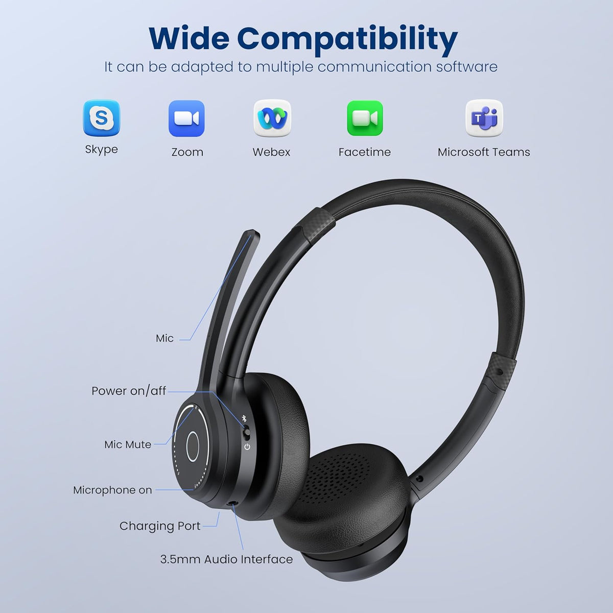(2025 Upgraded) Wireless Headset with Mic for Work, Bluetooth Headset with Noise Canceling Microphone, Wireless On Ear Headphones with USB Dongle and Mute Mic for Computer
