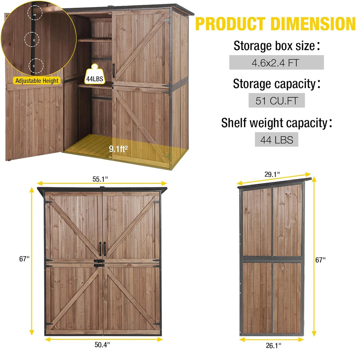 Aivituvin Storage Shed Outdoor Storage Cabinet Upgraded with All Arounded Metal Frame, Wooden Floor and Adjustable Shevels 55" L x 29" W x 67" H, Dark Brown