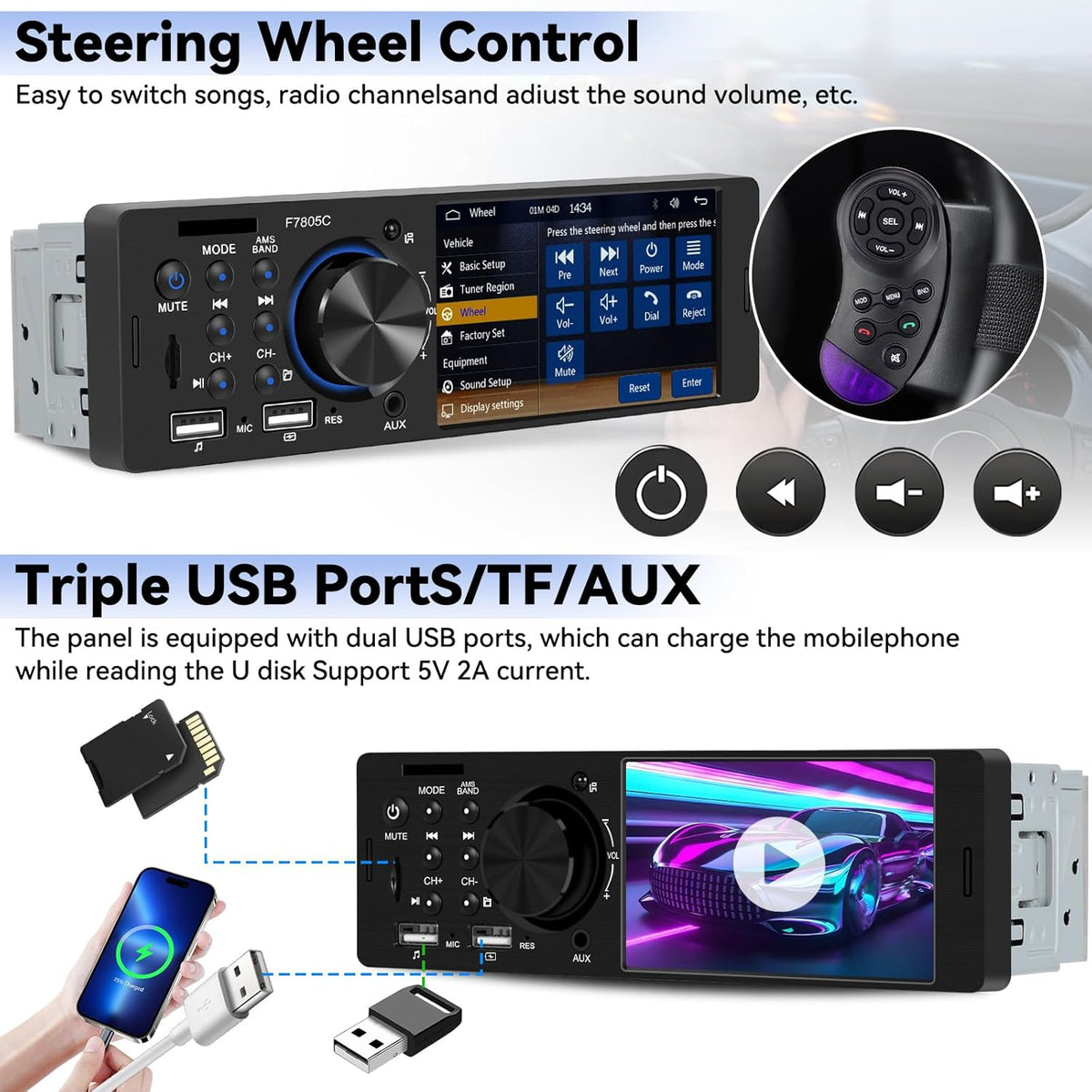 Single Din Touch Screen Car Radio with CarPlay Android Auto 4 Inch Bluetooth Car Stereo Receiver Hands-Free Calling Audio FM 2 USB AUX SD Card Input, Mirror Link MP5 Player SWC + Backup Camera