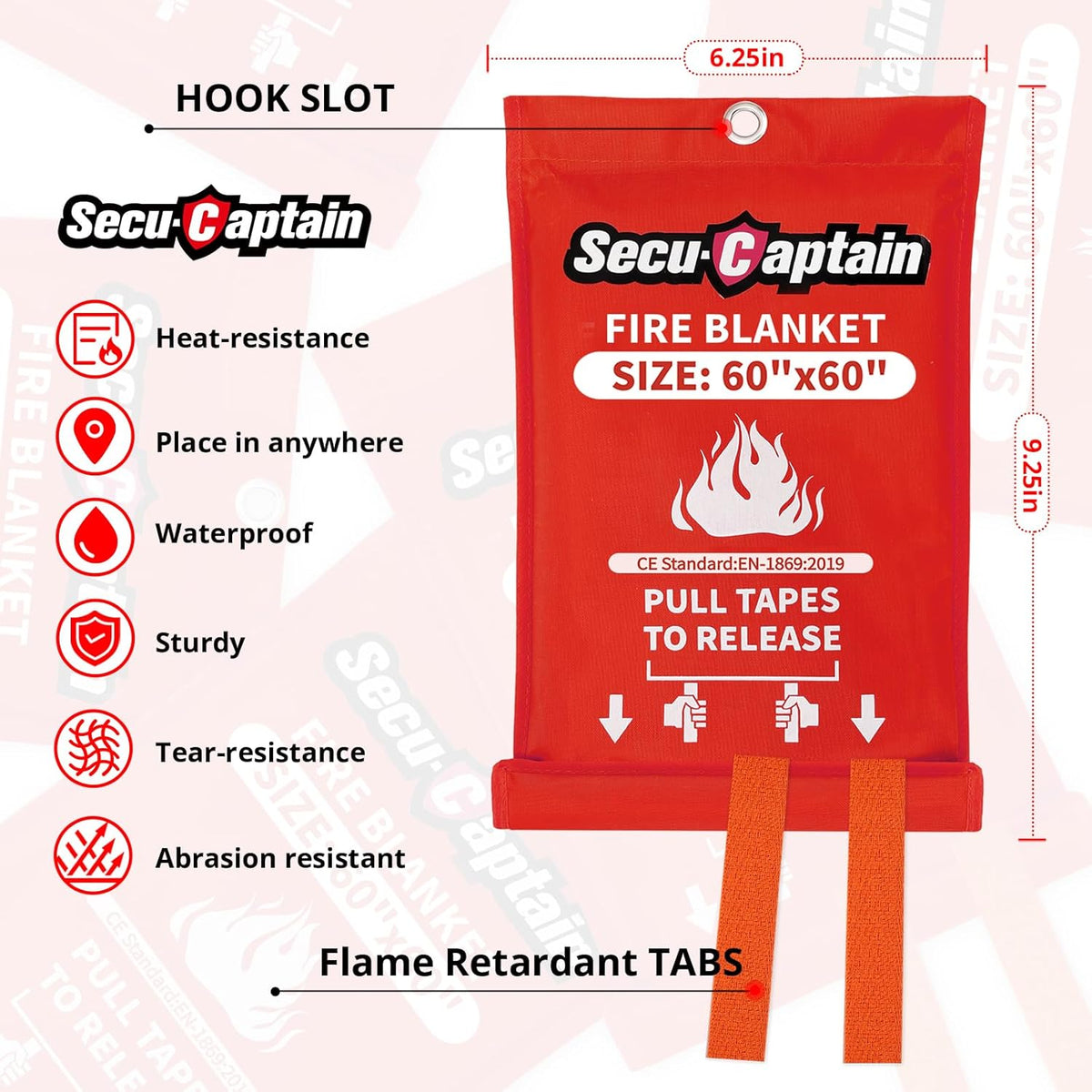 SecuCaptain Emergency Fire Blanket for Home - 60"x60" X-Large Flame Retardant Blankets with Fireproof Tabs for House Camping Kitchen Fire Protection Survival Safety 1 Pack