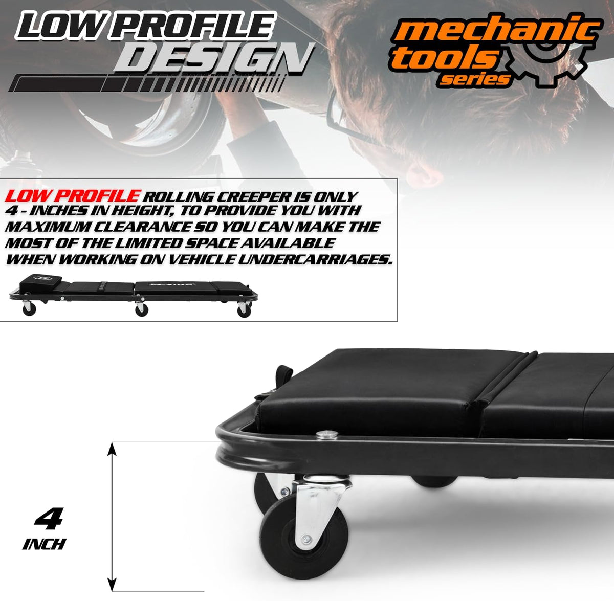 M-AUTO Heavy-Duty Convertible Mechanic Creeper, Z-Creeper 2-in-1 Creeper and Seat 48" Padded Adjustable Headrest Roller Garage Chair with 7 Swivel Casters for Washing, Detailing, Maintenance, Black