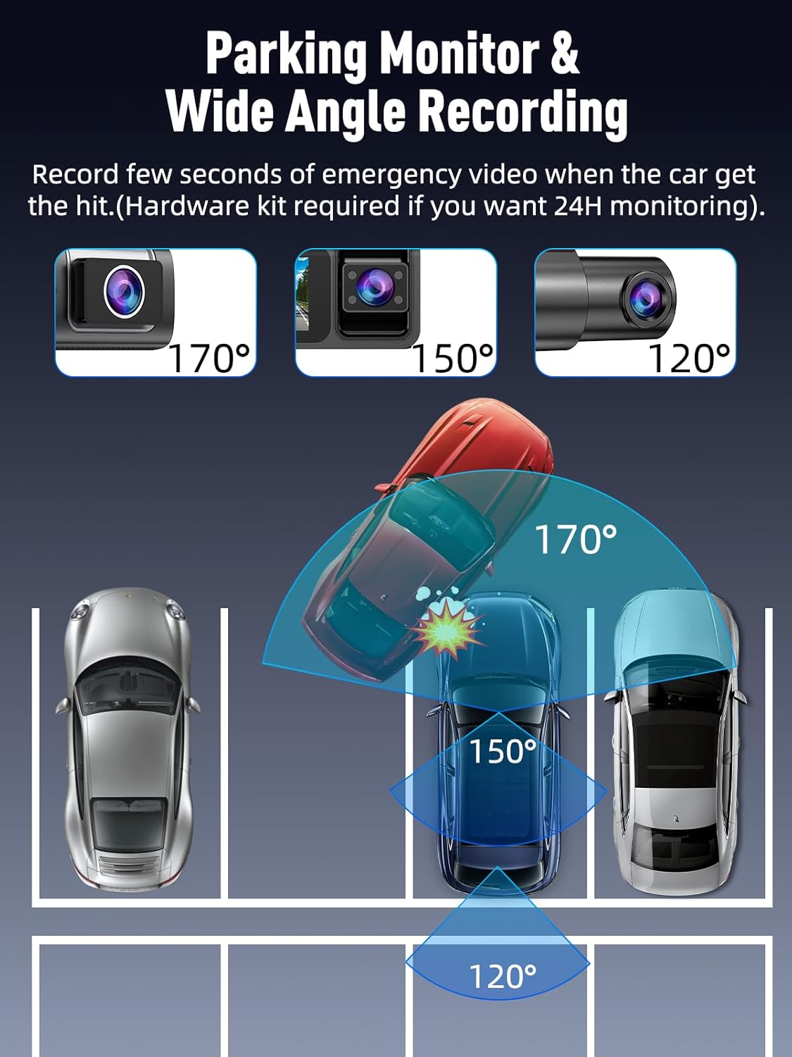 3 Channel 5G WiFi Dash Cam, 4K+1080P+1080P Dash Cam Front and Rear Inside with 64GB Card, 3.16” IPS Screen, G-Sensor, Loop Recording, Parking Monitor, 170° Wide Angle, IR Night Vision, WDR, Silver