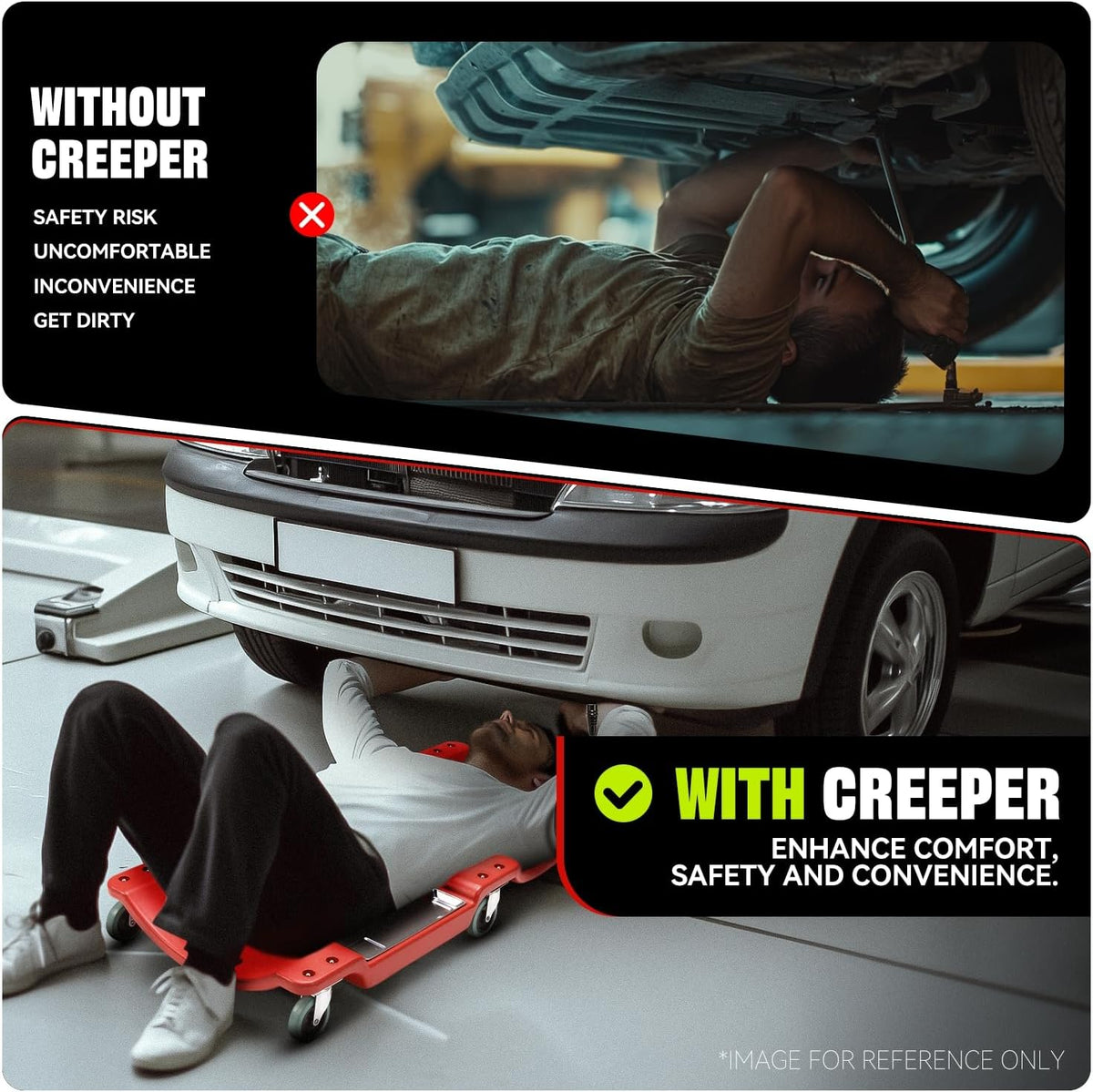 Auto Dynasty 40 Inches Mechanic Creeper, Automotive Garage Repair Low Profile Under Car Rolling Creeper with LED Light and Padded Headrest, Plastic, Red