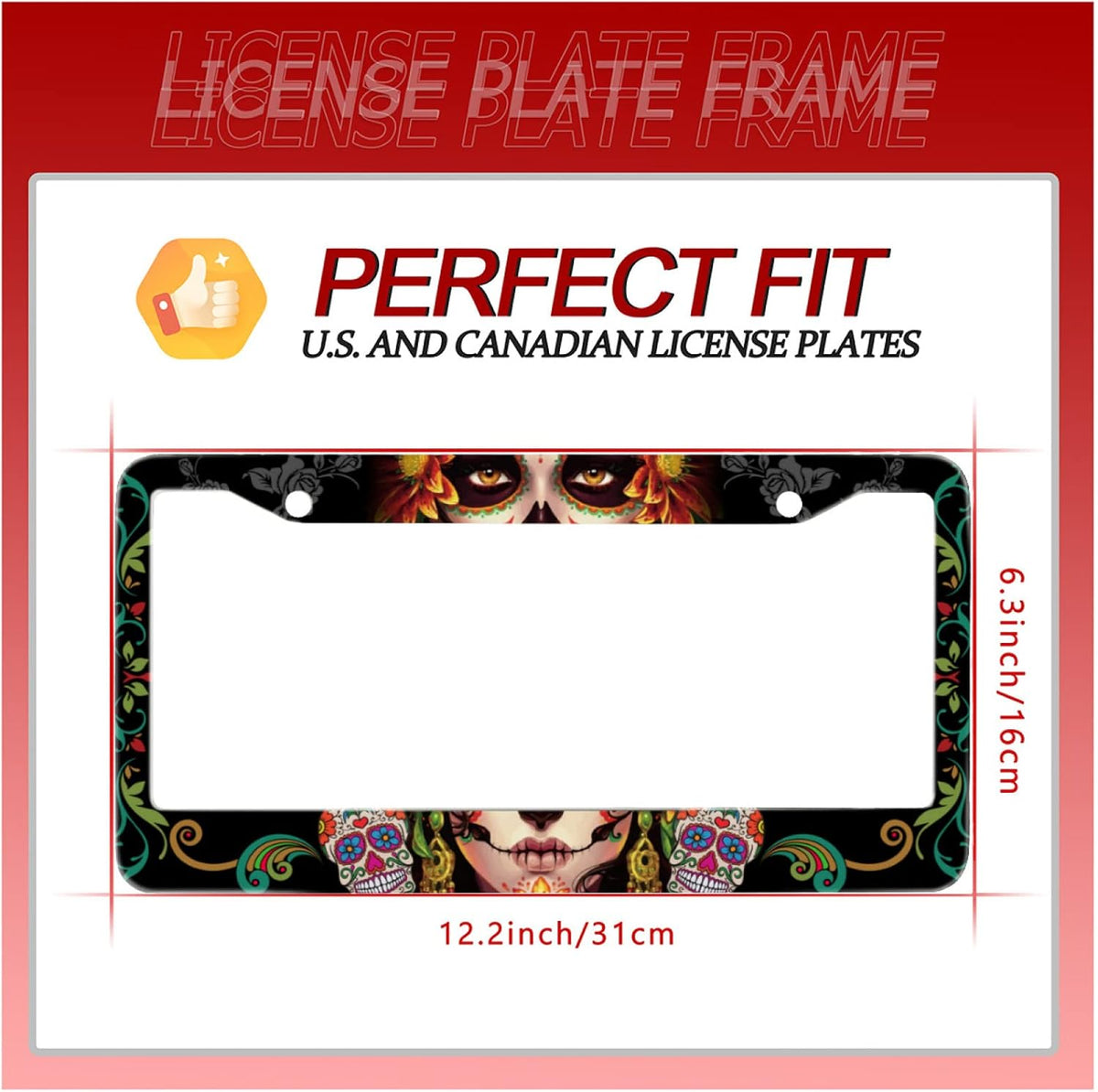Personalise Sugar Skull Retro License Plate Frame Colorful Candy Skulls License Plate Car Universal Stainless Steel Accessories Cars Decor 2 Holes Screws Fits Standard US Vehicles Size 12.2 x 6 Inch