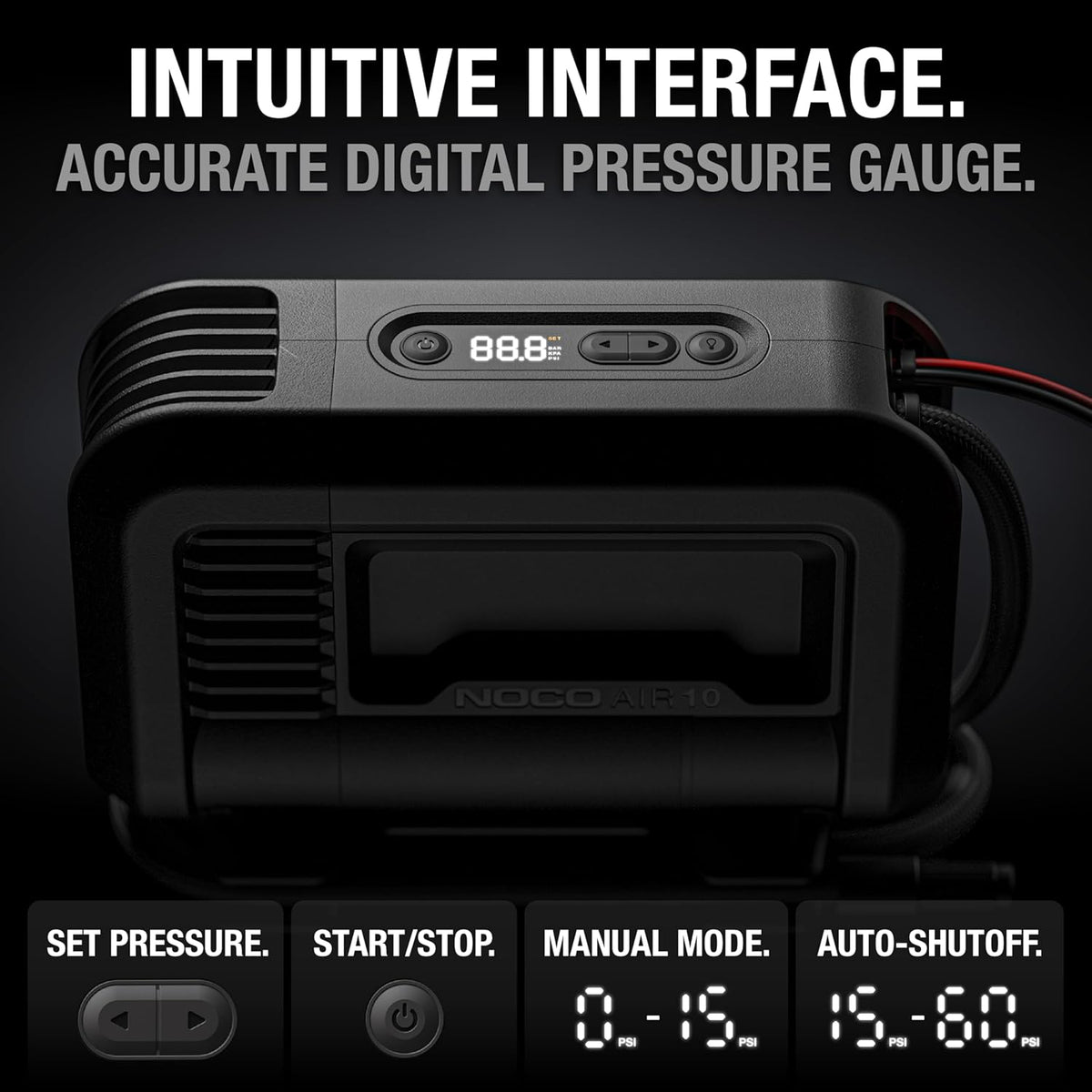 NOCO AIR10: UltraFast 10A Tire Inflator - 12V Portable Air Compressor Pump, 60 PSI Max – 36 SLPM Airflow Inflates 0–40 PSI in 3.8 Minutes – Digital Gauge + Auto-Shutoff