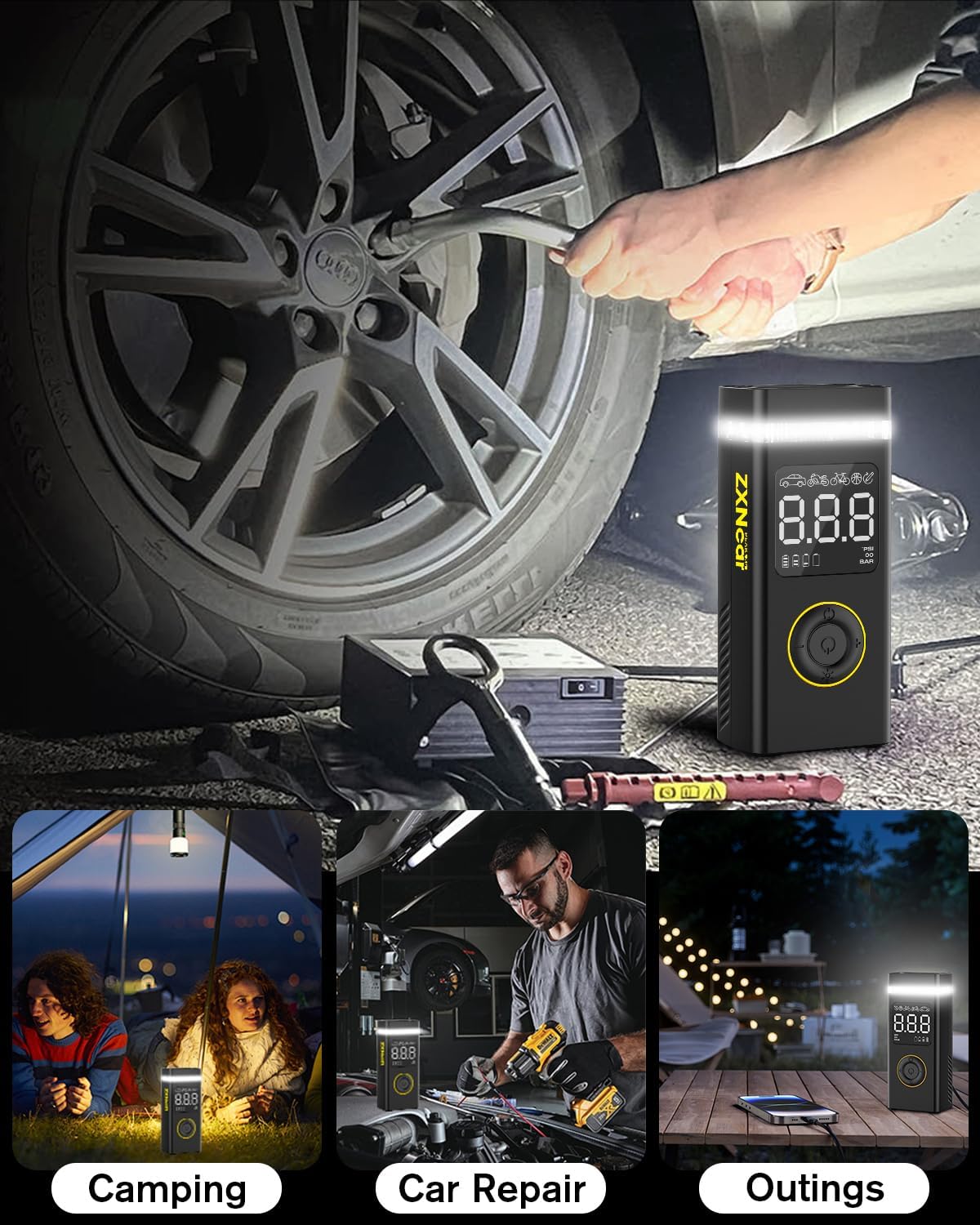 Tire Inflator Portable Air Compressor,180PSI 20000mAh Pump for Car Cordless with Pressure Gauge,4X Fast Inflation with Dual Lights for Cars Bicycles Motorcycles Balls
