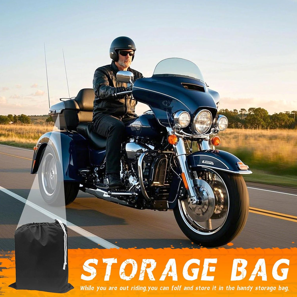 Trike Motorcycle Cover, Outdoor Waterproof Vehicle Cover with Windproof Buckle Reflective Strip for Harley Davidson, Honda Gold Wing, Kawasaki 3 Wheel Motorcycle Accessories (Black&Orange)
