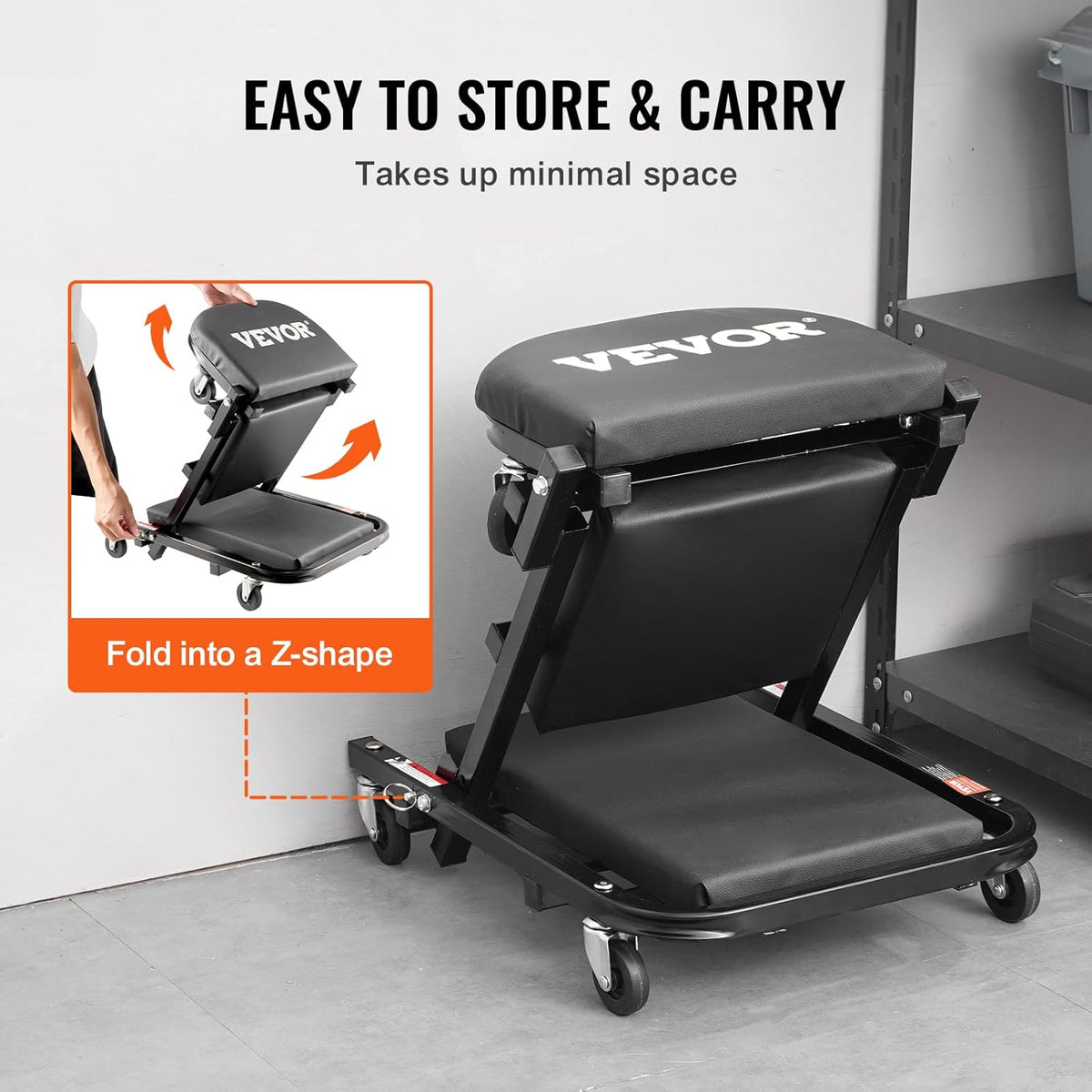VEVOR Foldable Z Garage Creeper, 40 in, 450 lbs Load Capacity Rolling Folding Mechanic Creeper Stool, with 6 Universal Wheels Padded Seat Steel Frame, Lay Down or Sit Chair for Garage Shop or Home
