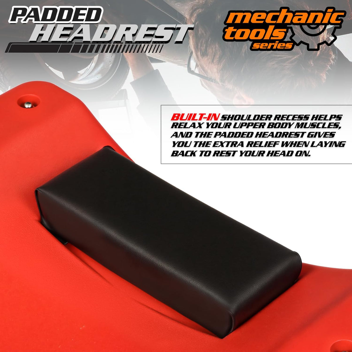 M-AUTO Plastic Rolling Garage Creeper with Padded Headrest 36" Light Weight Automotive Creeper Mechanic Cart with Dual Tool Trays and Noiseless Casters, Red