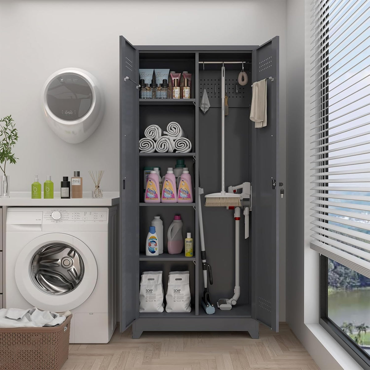 GREATMEET 72.8" H Metal Storage Cabinets with Doors and Shelves, Grey Broom Closet Storage Cabinet, Broom and Mop Utility Cabinet for Home,Kitchen,Garage