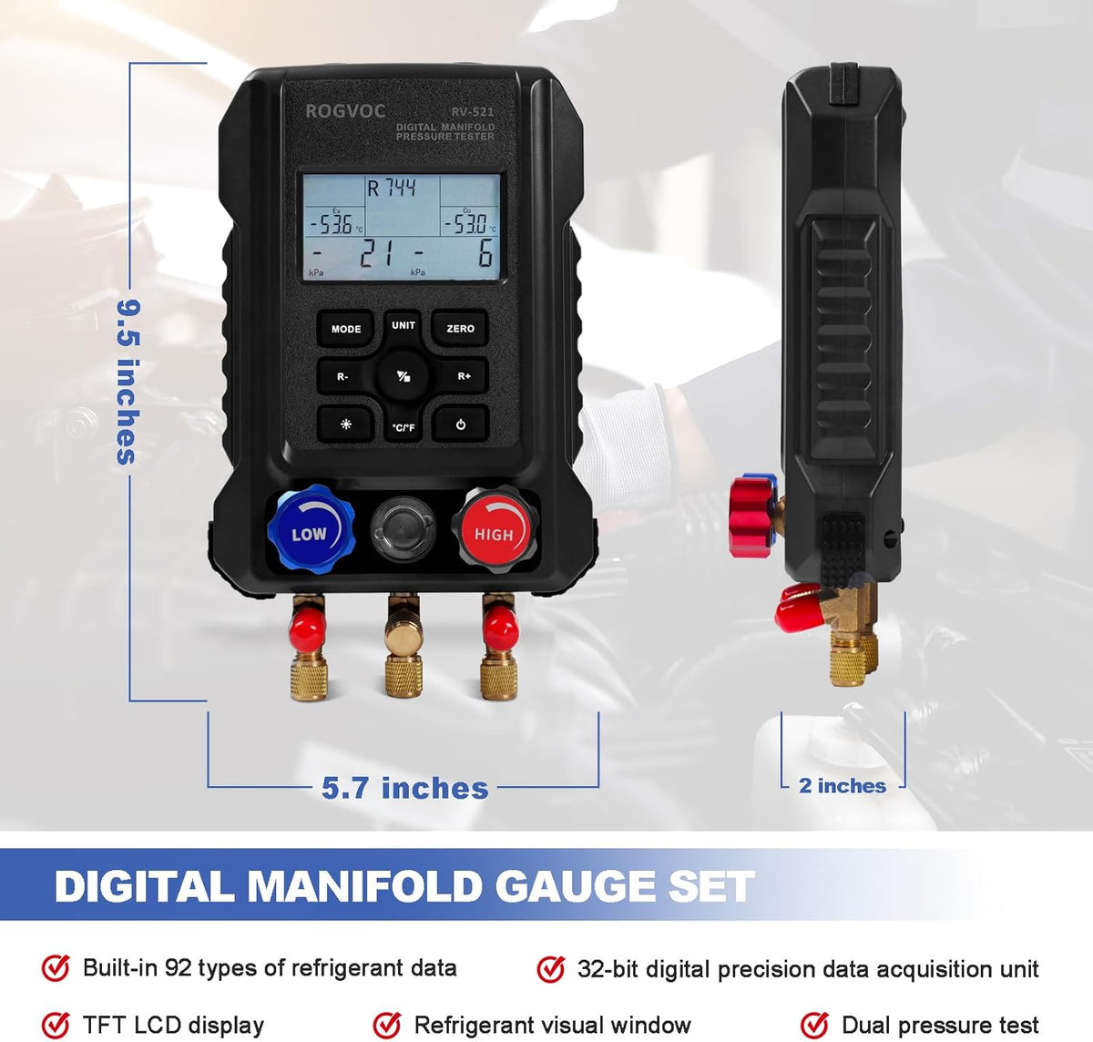Digital Manifold Gauge, HVAC Refrigerants Digital AC Gauges Set with 2 Thermometer Clamps and 3 Hoses, for R22/R410A/R134A/1234YF Refrigerant Recharge Kit
