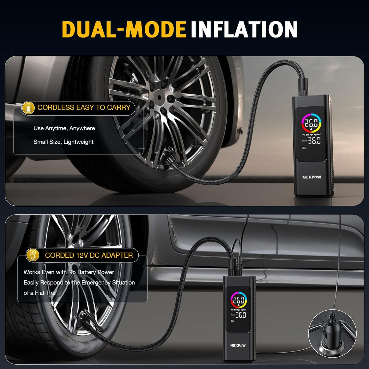 NEXPOW 150 PSI Tire Inflator Portable Air Compressor, 12000mAh Battery Auto Shut-Off Air Pump for Car Tires, Fast Inflation Dual LCD Display Tire Pump, Pocket Air Pump for Bike, Motorcycle, Ball, Car