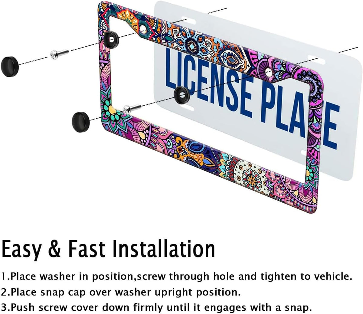 Mandala License Plate Frame, Boho Floral License Plate Holder, Flower Car Tag Holder Metal Aluminum Rustproof Car Accessories for Women Men 2 Holes with Screw Caps