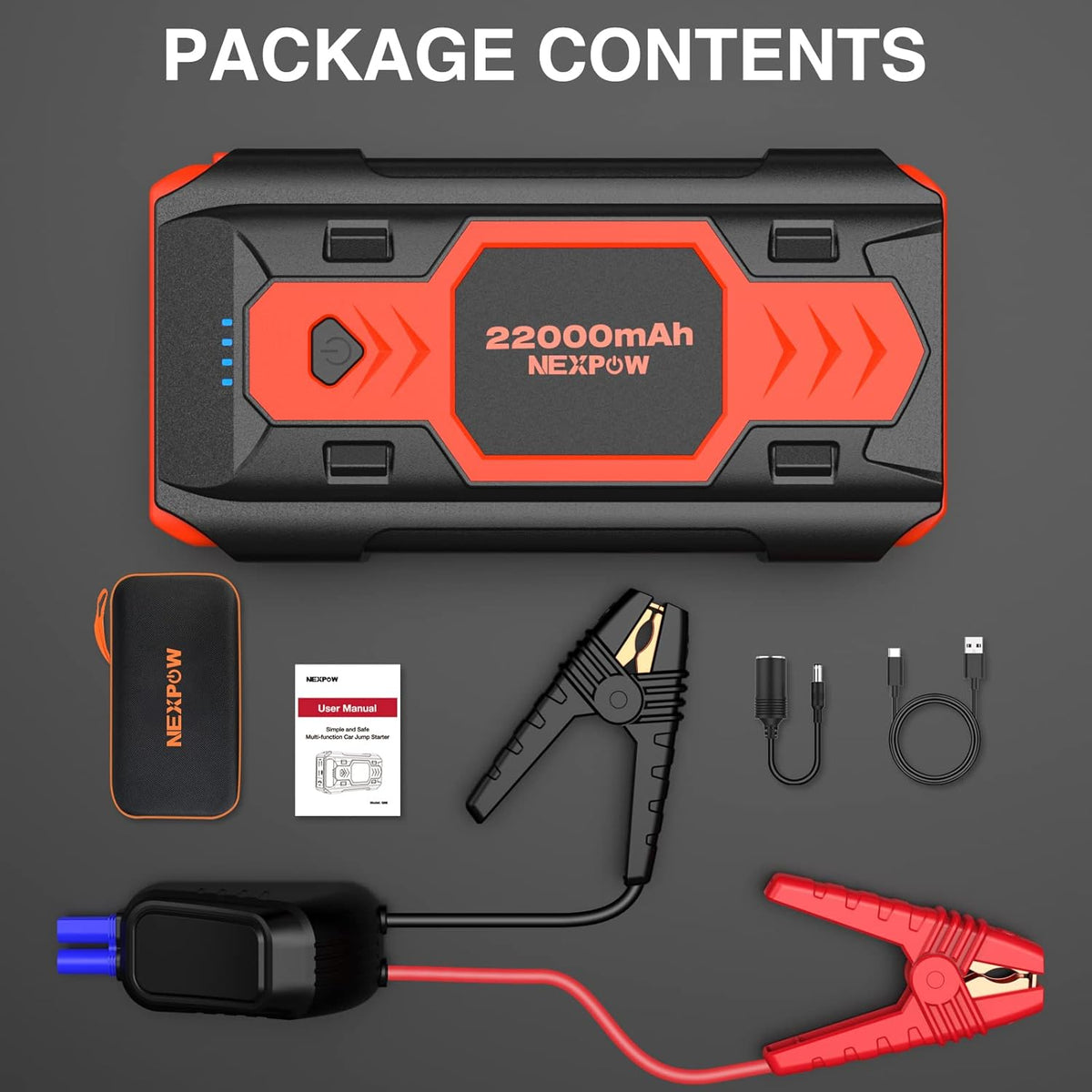 NEXPOW 2500A Peak Car Battery Jump Starter (Up to 8.0L Gas/8L Diesel Engines), 12V Auto Car Battery Booster Pack, Portable Jump Box with USB Quick Charge 3.0 and LED Light Red Blue Warning