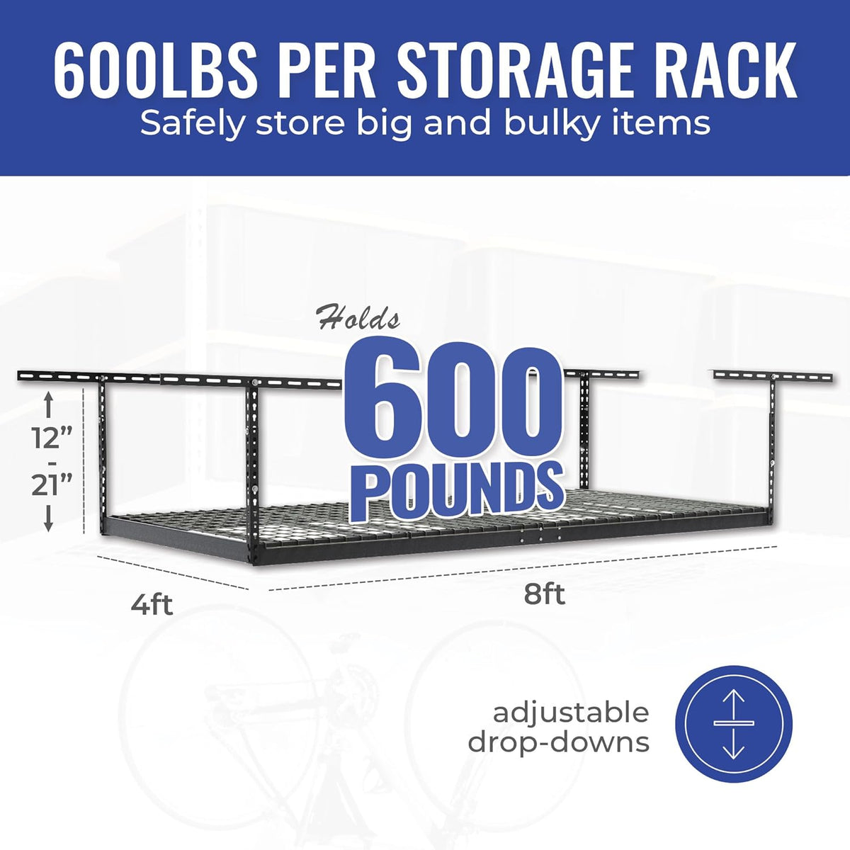 SafeRacks Heavy Duty Overhead Garage Storage Rack, 2-Pack 4x8 Hammertone, 12"-21", 600 lb Capacity, Adjustable Ceiling Mount