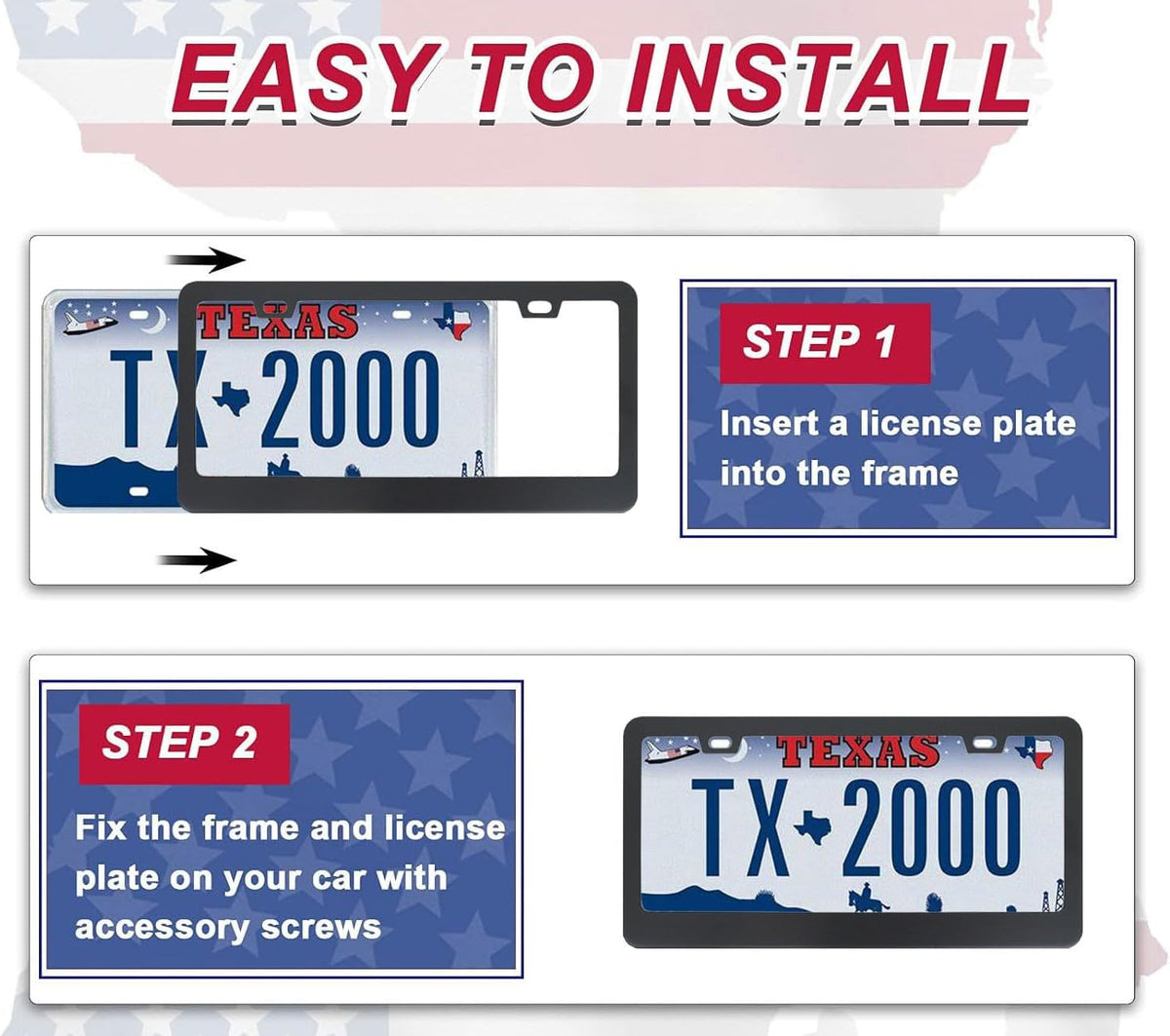 2Pack US Flag License Plate Frames- Heavy Duty Rustproof Flag License Plate Tag Holder Bracket Fits All US States with Screws Included