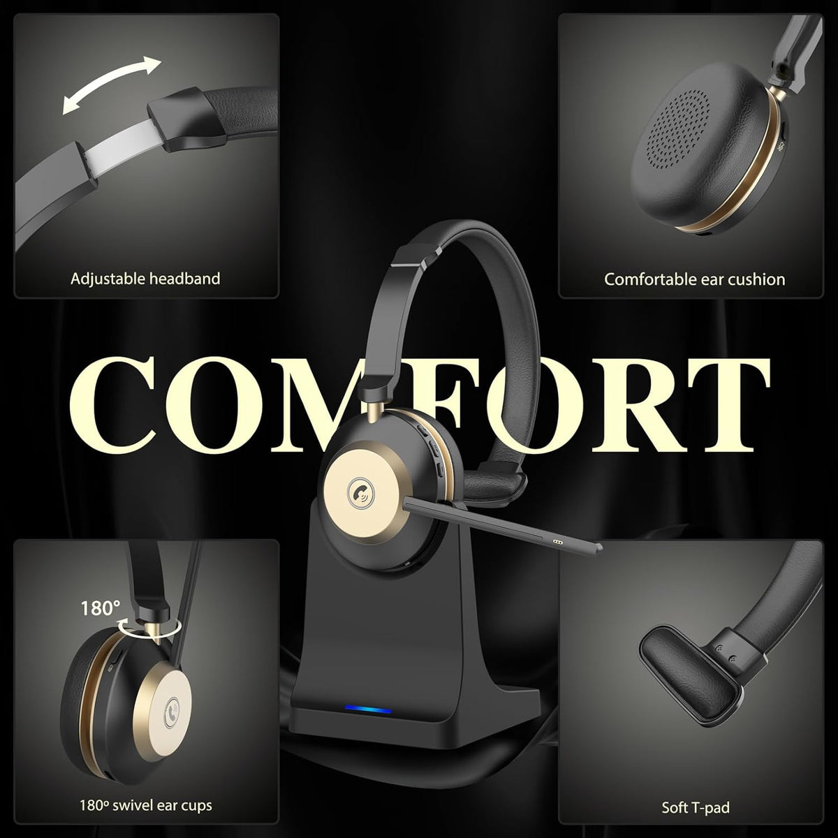 V5.3 Wireless Headset with Mic for Work, 45Hrs Computer Headset with Microphone, Bluetooth Headphones with Noise Cancelling Mic, Charging Base, USB Dongle & Mute Button for PC, Skype, Zoom