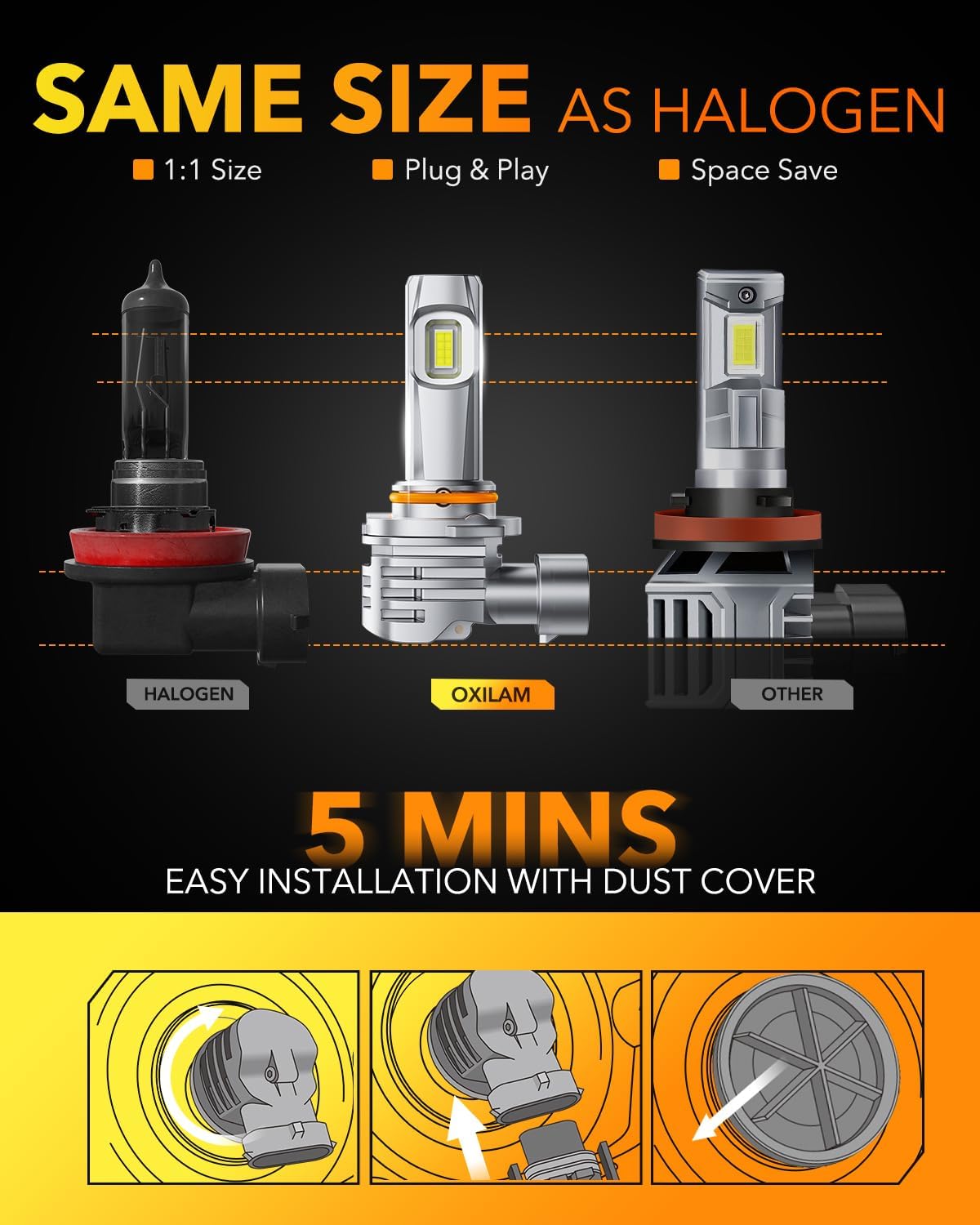 OXILAM H11 LED Bulbs, 30000 Lumens 800% Ultra-Bright, 6500K Pure White H8 H9 Fog Light, Easy Plug-N-Play Installation, IP68 Waterproof, Pack of 2