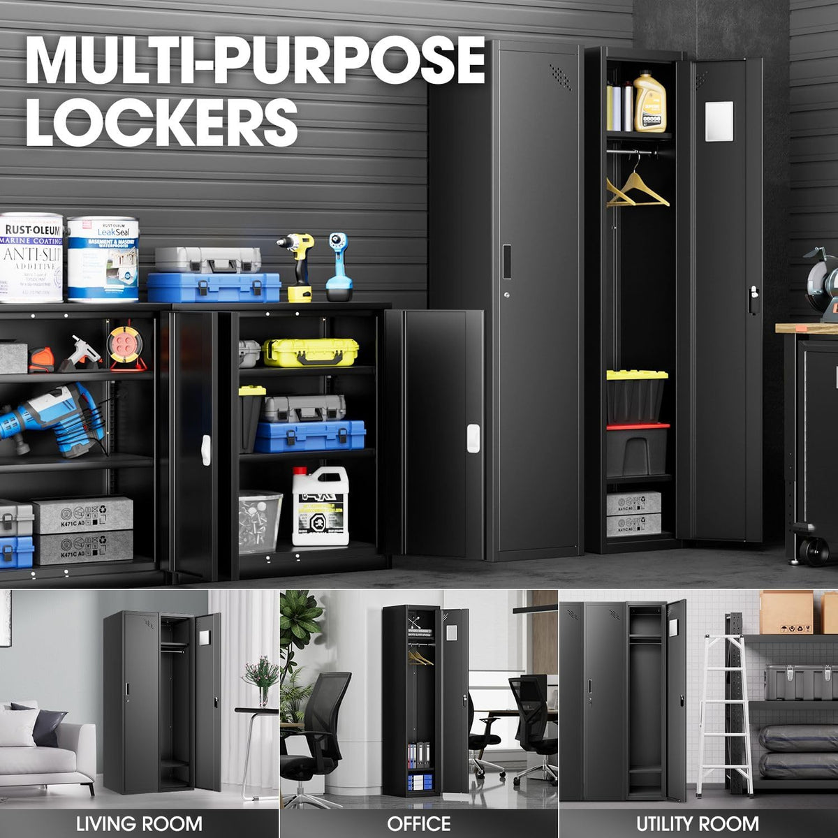 DNA MOTORING Metal Storage Cabinet for Employees with Keys, 71" Employees Metal Locker with 1 Doors, Tall Storage Lockers for Garage,Office,Home,Gym, Black, TOOLS-00787-BK-BK