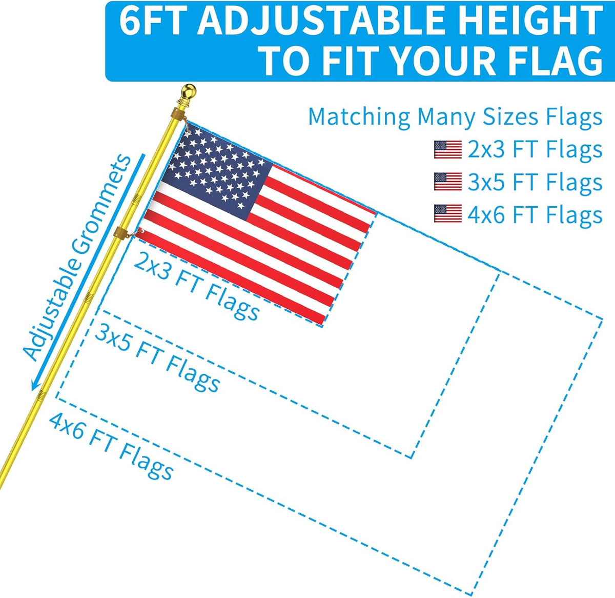ZMTECH Flag Pole - Upgraded Bracket, 6 FT Stainless Steel Flag Poles for Outside House, Residential or Commerical, Tangle Free Flag Pole Kit for American Flag (Without Flag, Gold)