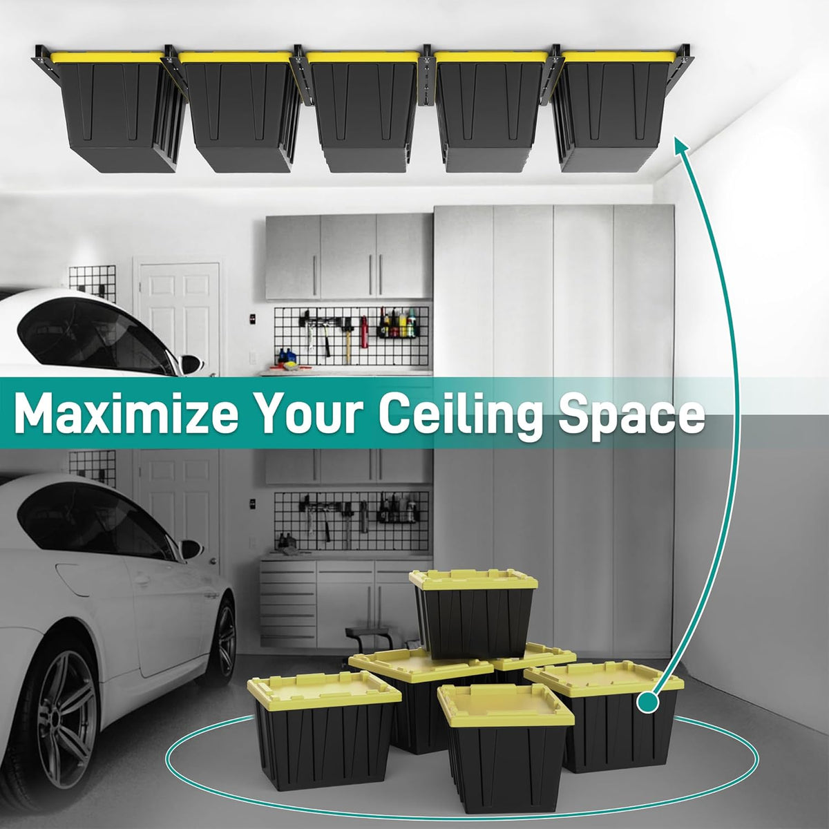 EVERHANGER Ceiling Storage Rack, Heavy Duty Overhead Garage Storage Rack, Adjustable Ceiling Bin Storage System, 5 Sets for 4 Bins, 26 Inch