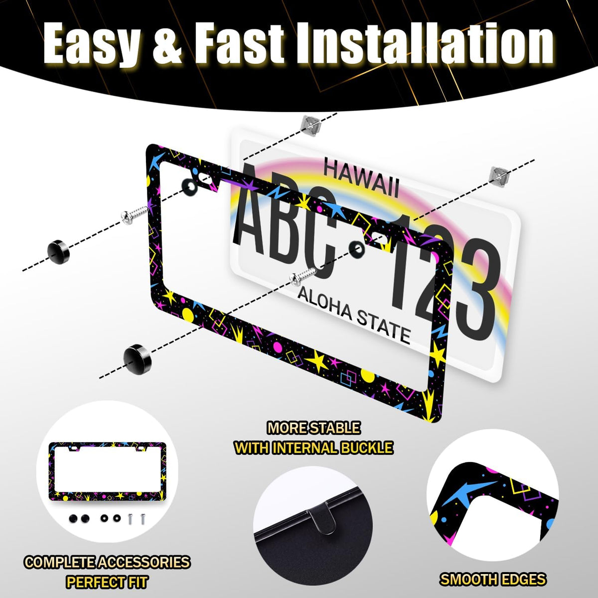 Psychedelic Stars License Plate Frame Colorful Galaxy License Plate Holder Stainless Steel Front and Rear Car Tags Auto Parts Funny License Plate Decoration with Screws for Men Women 12.2"x 6.2"