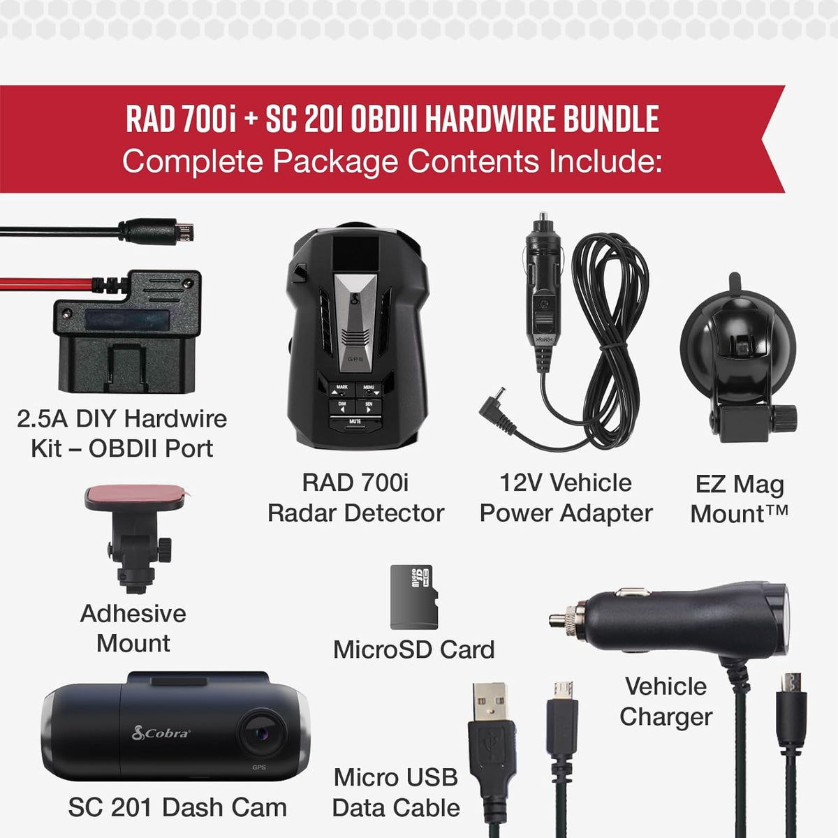 Cobra RAD 700i Radar Detector & SC 201 Smart Dash Cam + 2.5A OBD Port to Micro USB DIY Easy Hardwire Kit: Long Range Rapid Radar Detection, Full HD 1080P Video + 16GB SD Card, Built-in WiFi & GPS