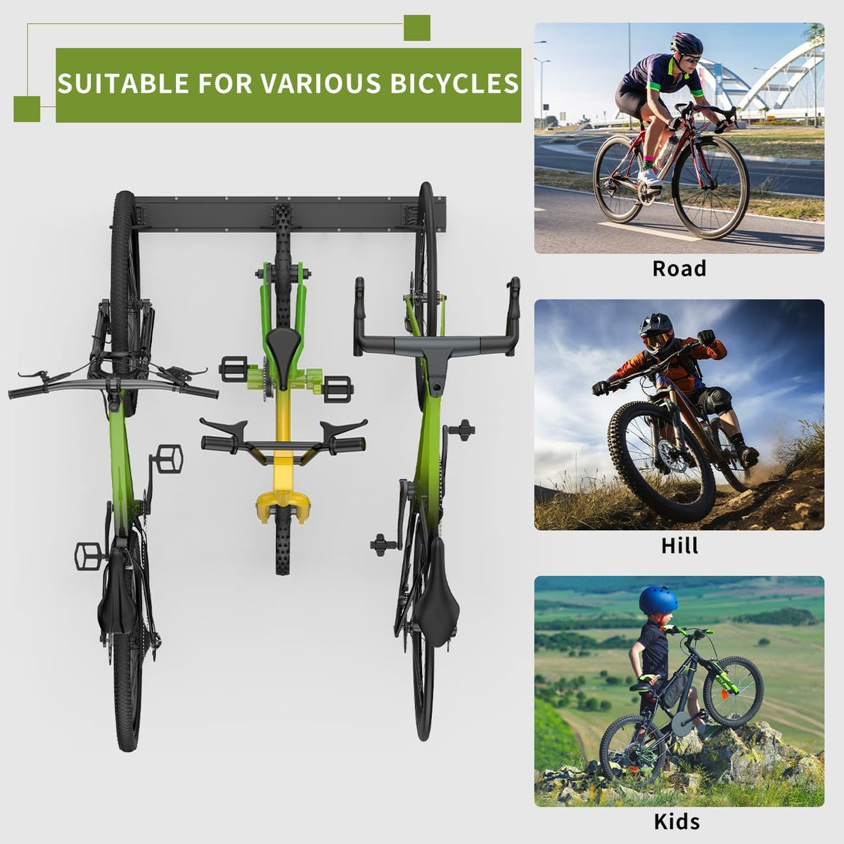 Bike Storage Rack 48Inch for 6 Bikes + 5 Helmets, 500lbs Capacity, Heavy Duty Steel Bicycle Wall Mount Hanger for Garage Storage, Bike Hooks, Bicycle Storage, Bike Wall Mount, Black