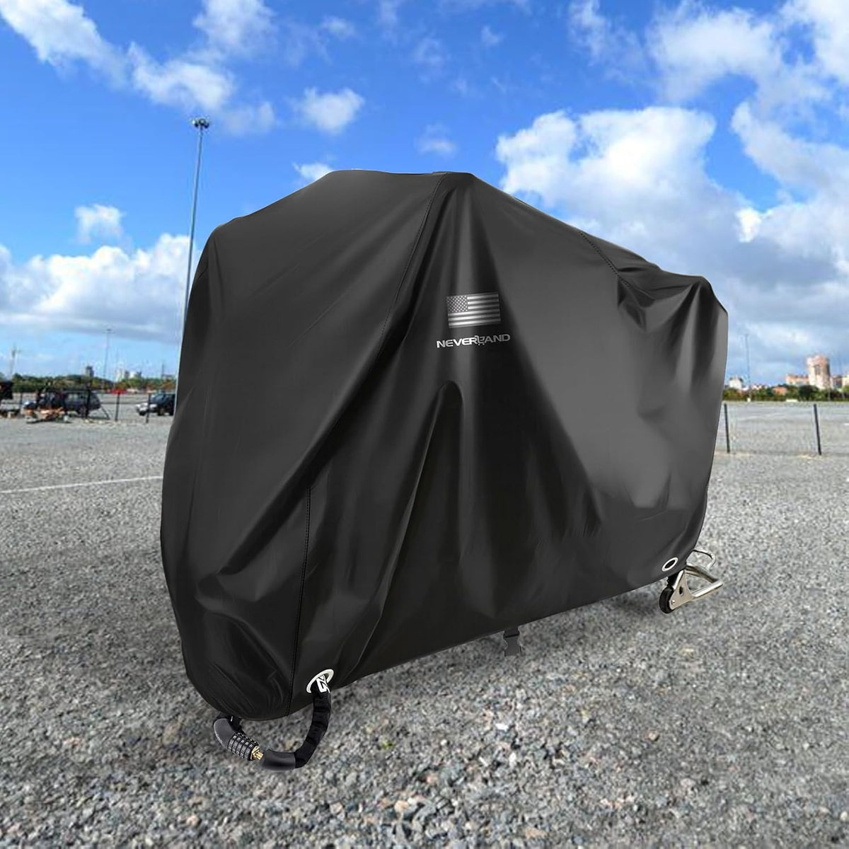 NEVERLAND Motorcycle Cover Waterproof Outdoor - Black Heavy Duty Scooter Cover, Motorbike Cover with Refletive Logo, Lock-Hole, Bandage, Storage Bag-Protect Against Dust, Debris, Rain and Weather(XXL)
