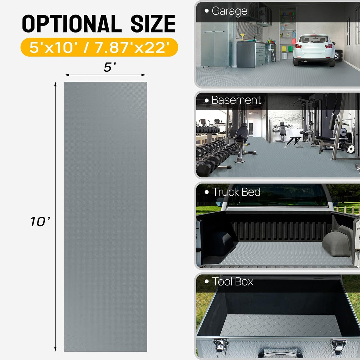 TUFFIOM 5 x 10 FT Garage Floor Mat, Thickened Diamond Plate PVC Garage Mats Flooring Roll for Under Car, Garage Parking Mats for SUVs, Golf Cart, Sports Car