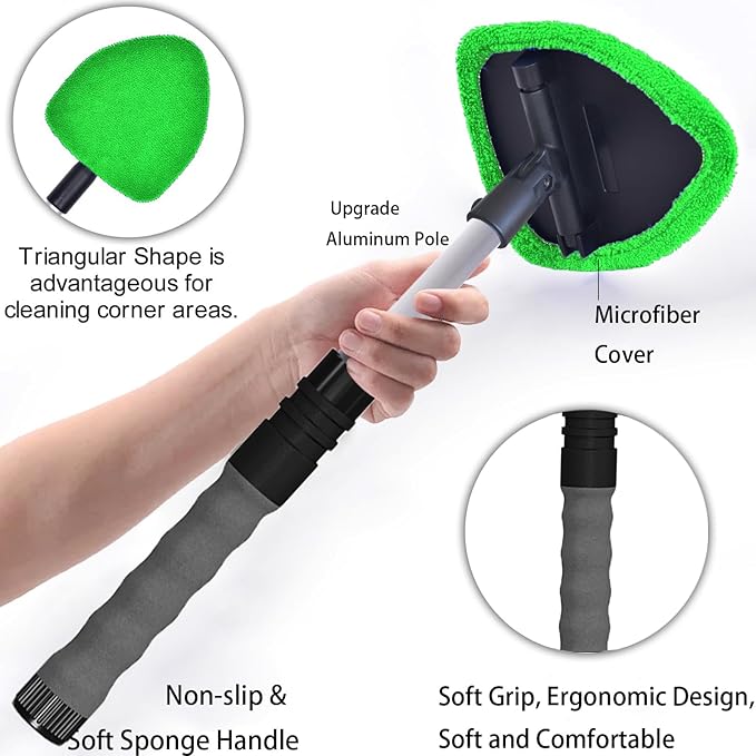 desin Windshield Cleaning Tool, Car Window Cleaner Windshield Cleaner with 4 Reusable and Washable Microfiber Pads and Extendable Handle Auto Inside Glass Wiper Kit (Green)