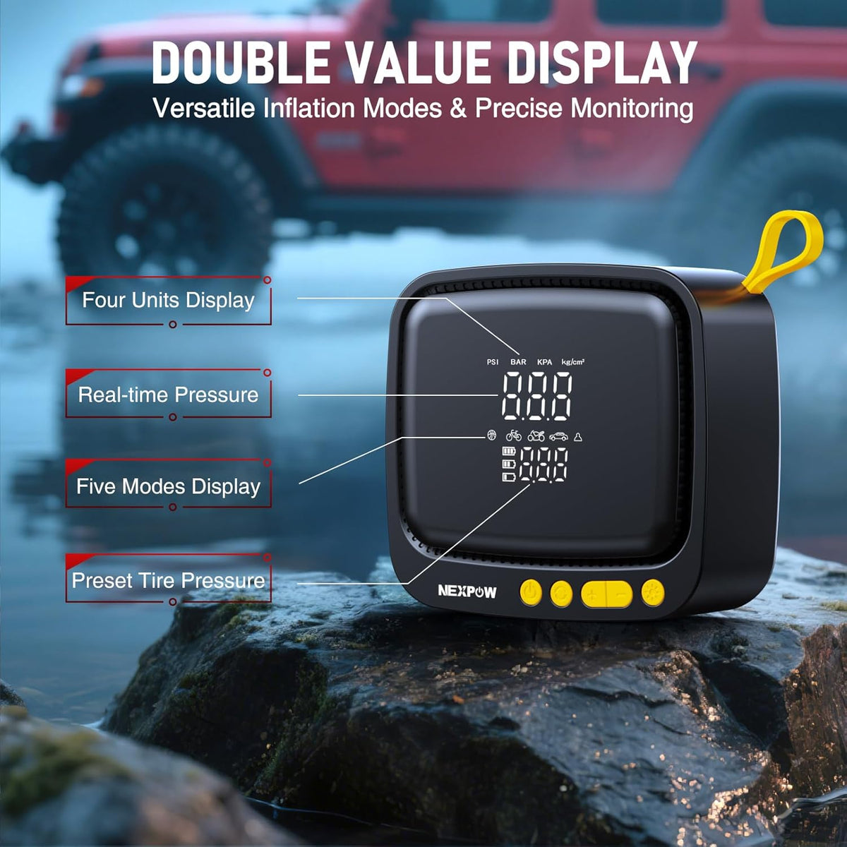 NEXPOW Tire Inflator Portable Air Compressor, 180 PSI Cordless Air Pump for Car Tires with Digital Pressure Gauge & Auto Shut-Off, Air Compressor Portable for Car, Motorcycle, Bicycle, Ball, Yellow