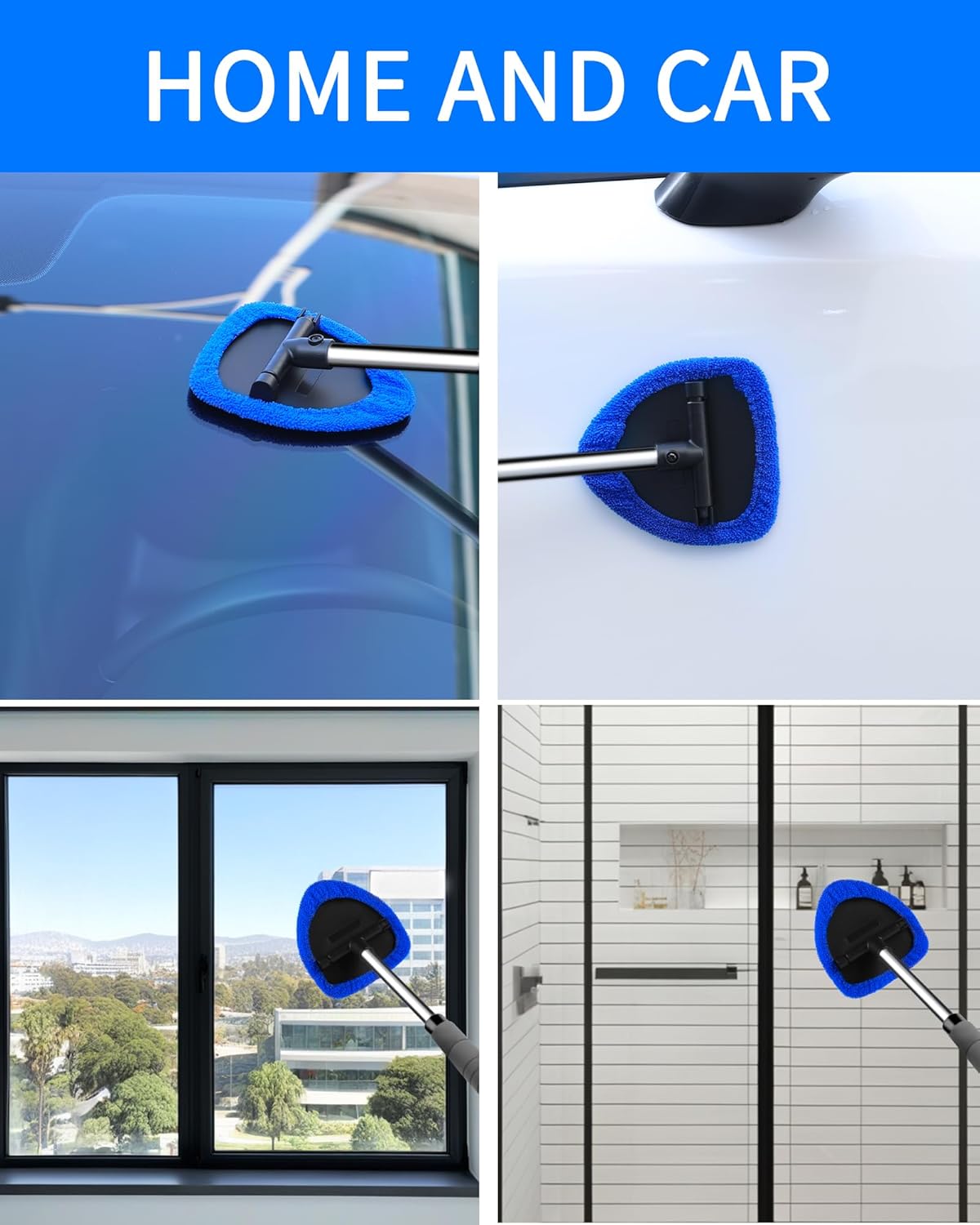 Auto Window Cleaning Tool, Retractable Windshield Cleaner Wand, Car Window Glass Cleaning, Double Sided car Window Cleaner, Microfiber Mirror Cleaning Tool kit. Car Interior Cleaning. (Blue)