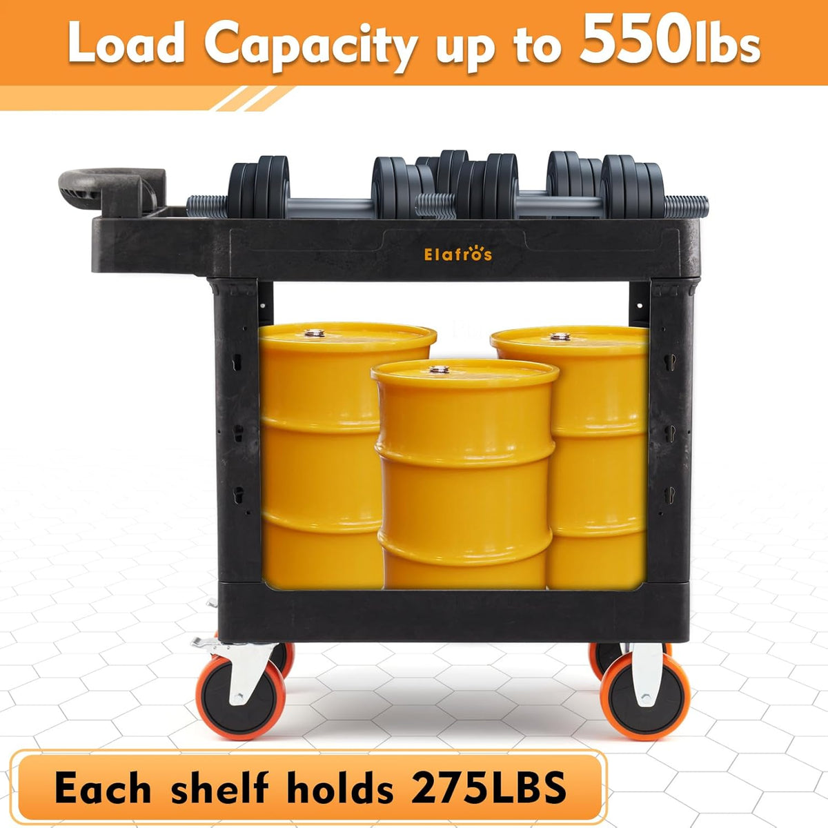 ELAFROS Heavy Duty Plastic Utility Cart 41.3 x 17 Inch - Ergonomic Handle Work Cart Storage W/Deep Shelves and 2 Fixed 2 Swivel Wheels Safely Holds up to 550 lbs - 2 Tier Service Cart with 6" Wheels