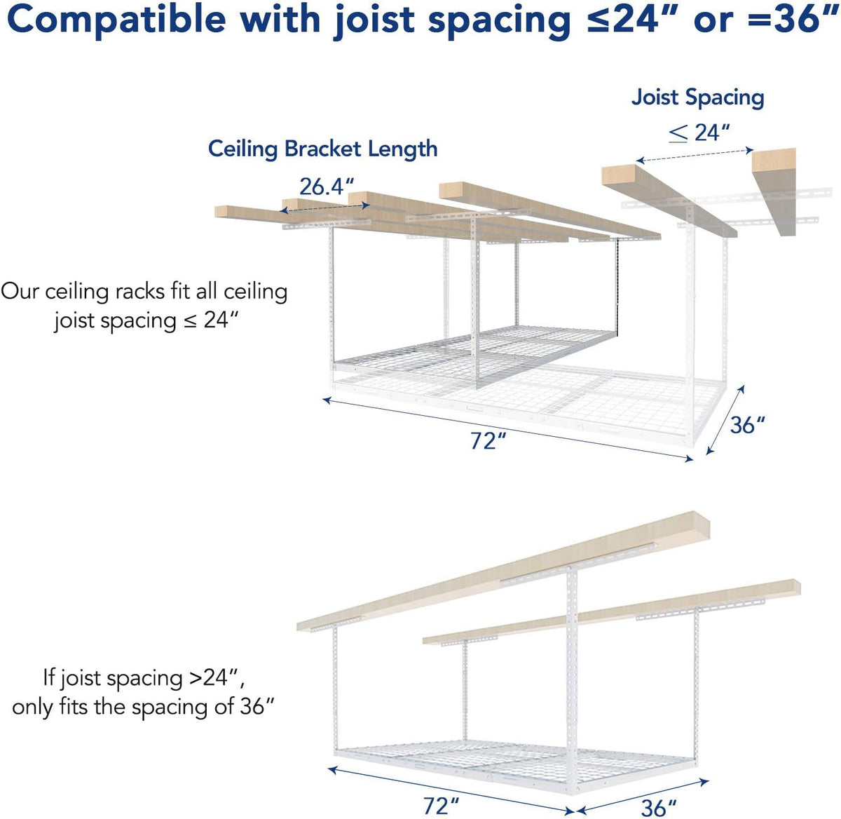 FLEXIMOUNTS 3x6 Overhead Garage Storage Adjustable Ceiling Rack 72" Length x 36" Width x 40" Height, 450lbs Weight Capacity, White