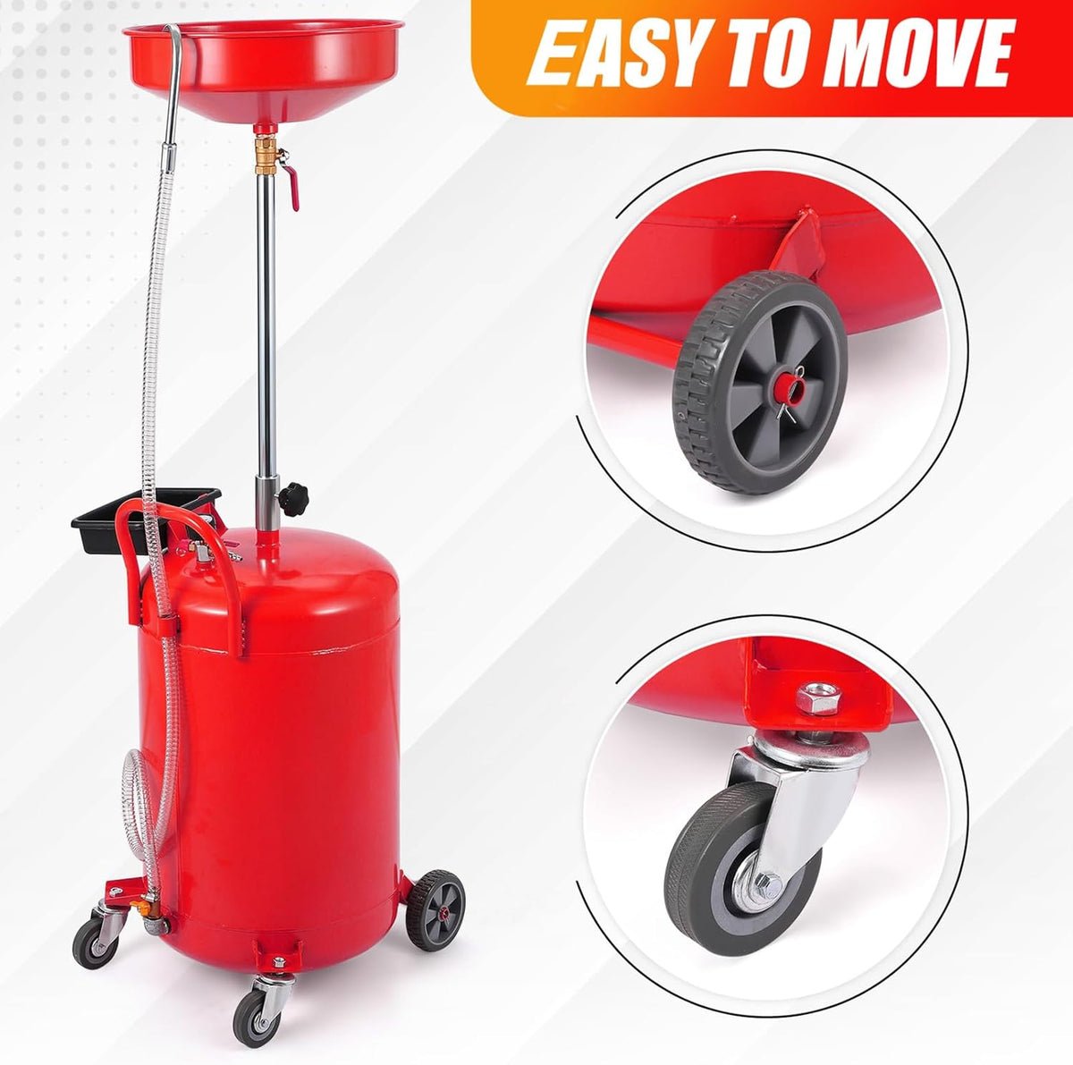 20 Gallon Waste Oil Drain Tank Portable Air Operated Oil Drainer with Adjustable Funnel Height 38-65 Inches 15 Inch Funnel Fluid Fuel Transfer Drain Container with 360 Degree Wheels and Toolbox Red