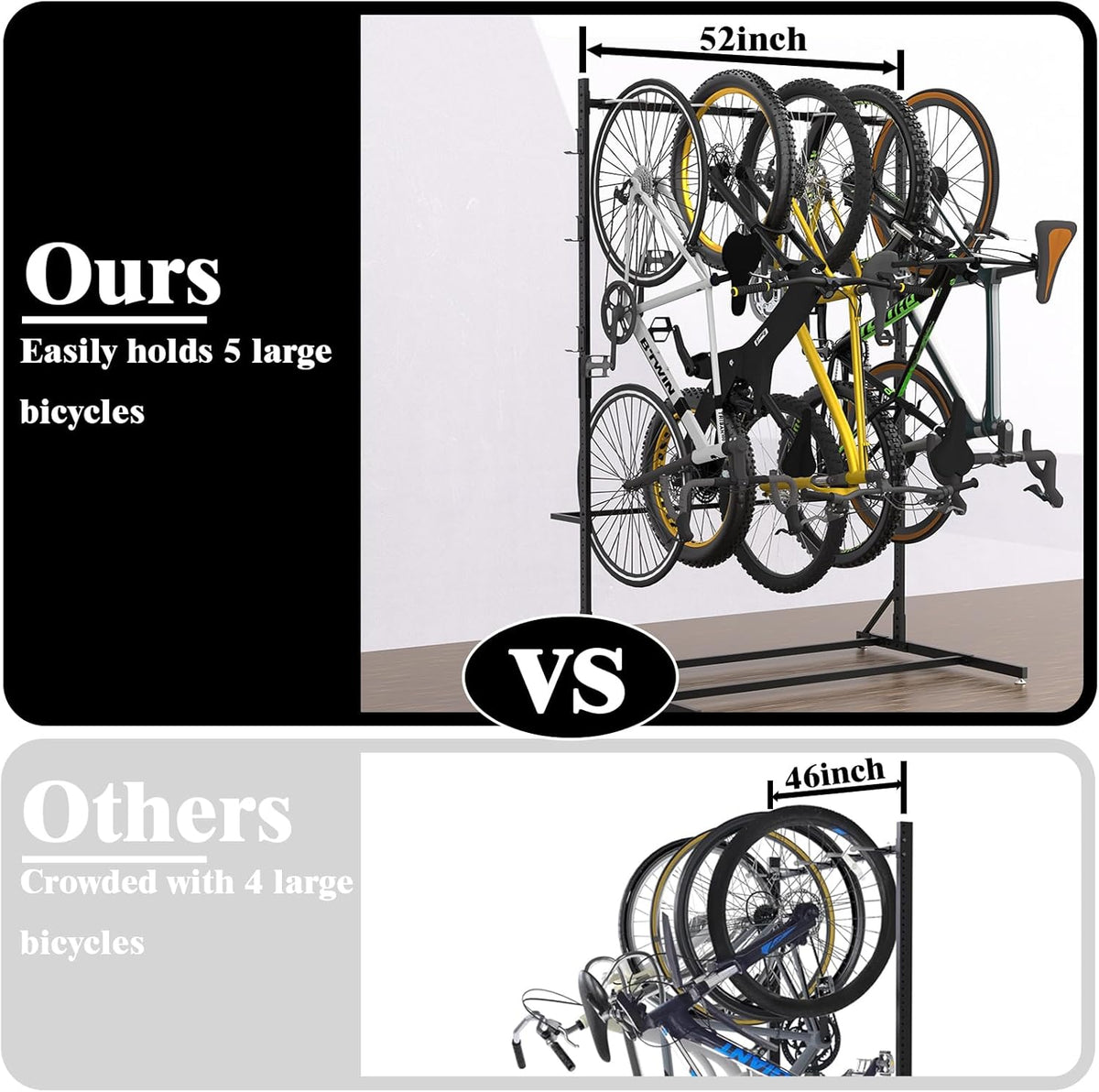 Freestanding Bike Storage Rack for 5 Bikes, 52" Wide Steel Vertical Bike Rack with 5 Bike Hooks & 6 Hooks for Helmet Storage, Bike Racks for Home and Garage, Indoor Floor Bike Stand