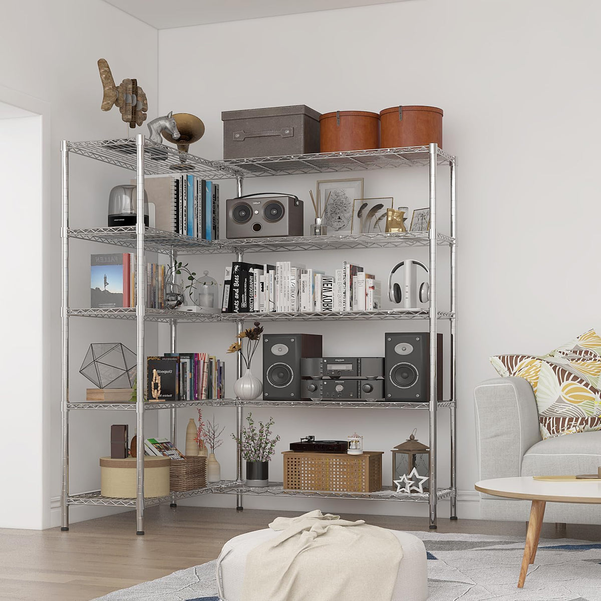 VINGLI 70" W Storage Shelves 1600LBS Heavy Duty Metal Shelving, Upgraded 5 Tier Garage Shelving Unit, Adjustable Wire Shelf for Storage Rack Commercial Pantry Shelf Organizer, 69.8"W × 15.8"D × 71"H