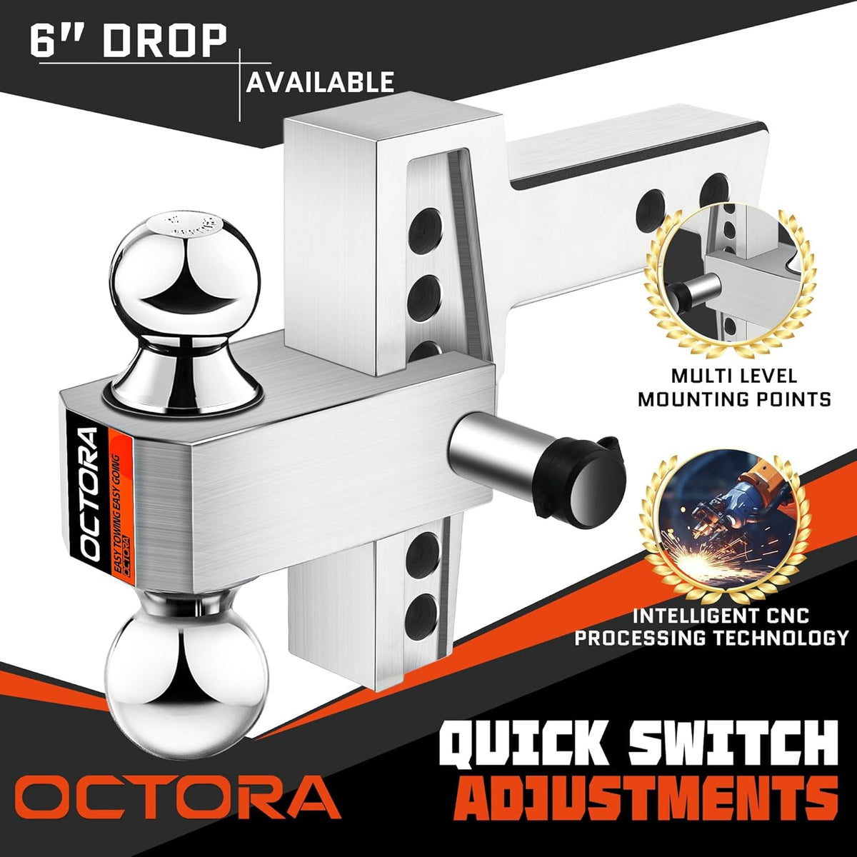 Adjustable Trailer Hitch (Fits 2-Inch Receiver) - Aluminum Tow Hitch with 6-Inch Drop/Rise for Truck (12,500 LBS GTW) - Double Anti-Theft Locking Hitch Pins (Silver, 2inch-6Drop)