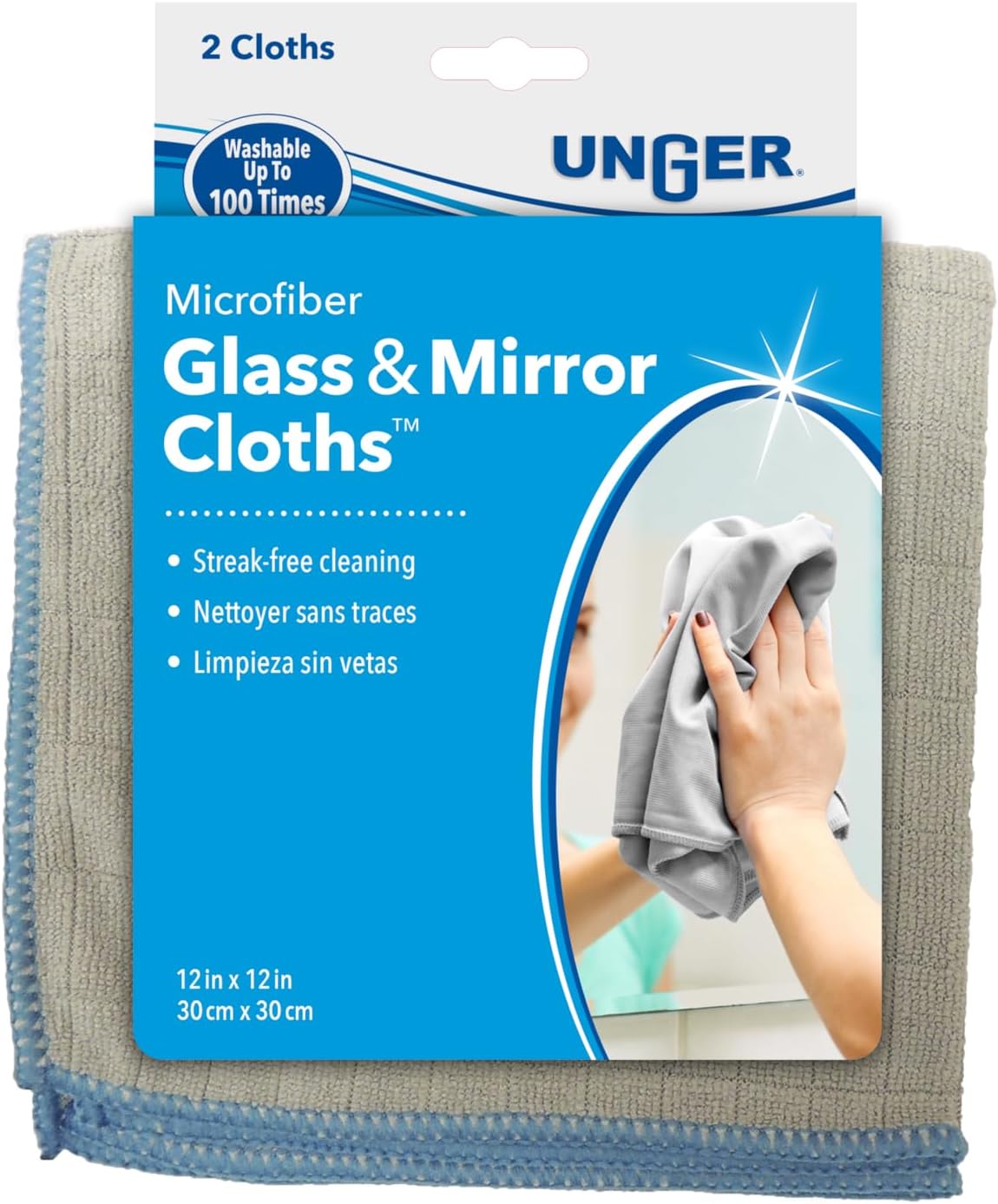 Unger 12” x 12” Microfiber Glass and Mirror Cloths, 2 Pack, Wet and Dry Cleaning Towels, Reusable Supplies, Window Cleaner Polishing Cloth with Streak-Free Results