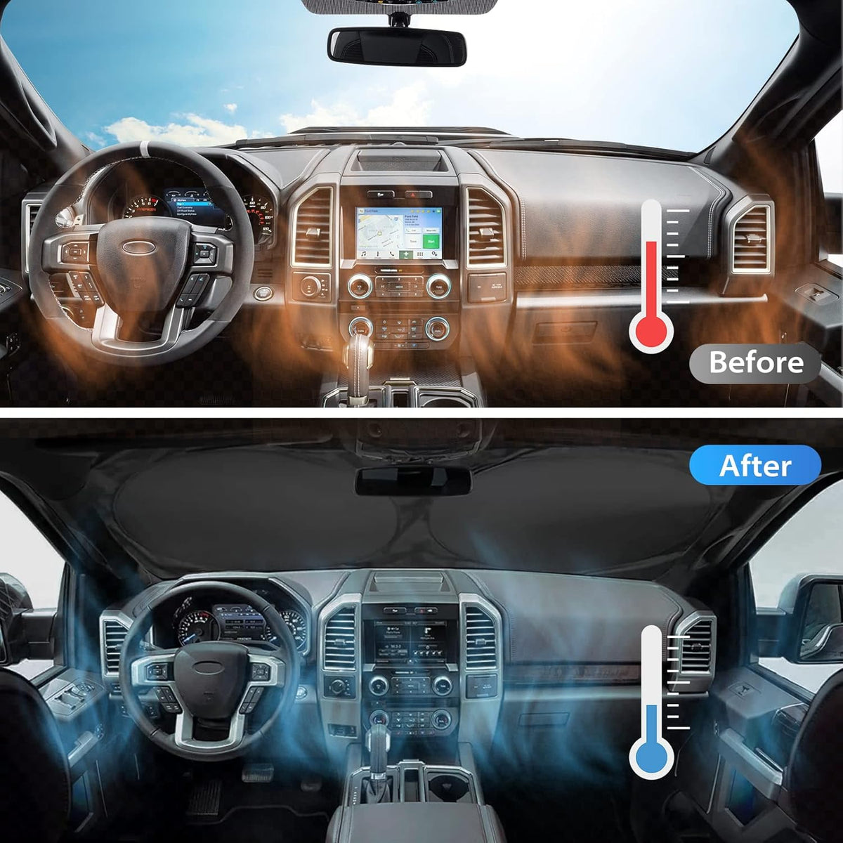 Windshield Sun Shade with Storage Pouch for SUVs, Durable 190T Polyester Sun Shield for Front Window, Portable Carry Car Accessories, Standard (63 inches x 34 inches)