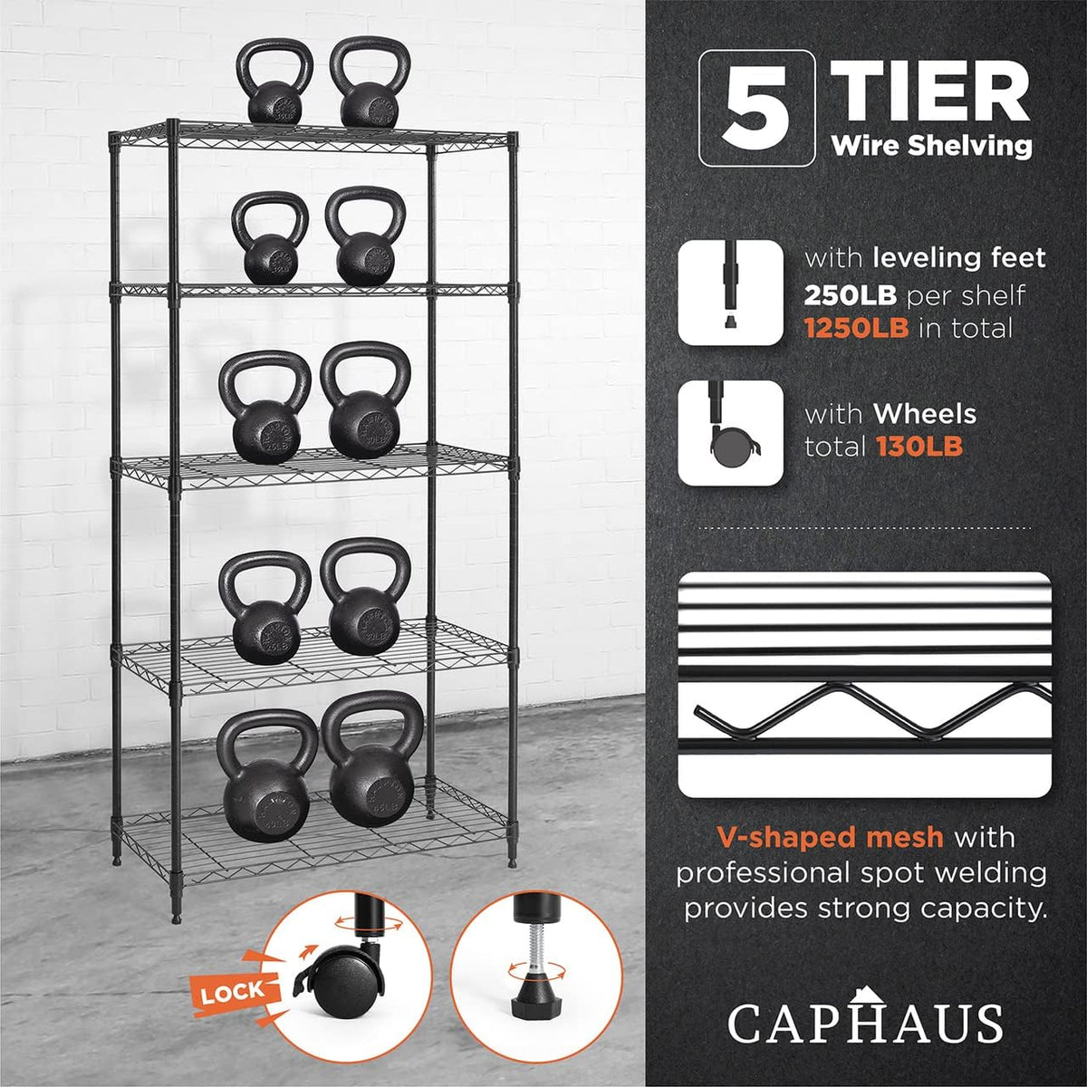 CAPHAUS 3/4/5-Tier Adjustable Height Wire Shelving Unit, Wire Rack Shelving, Metal Steel Storage Shelves, Garage Shelving Storage Organizer, Utility Storage Shelf, 5-Tier With Wheels, Black