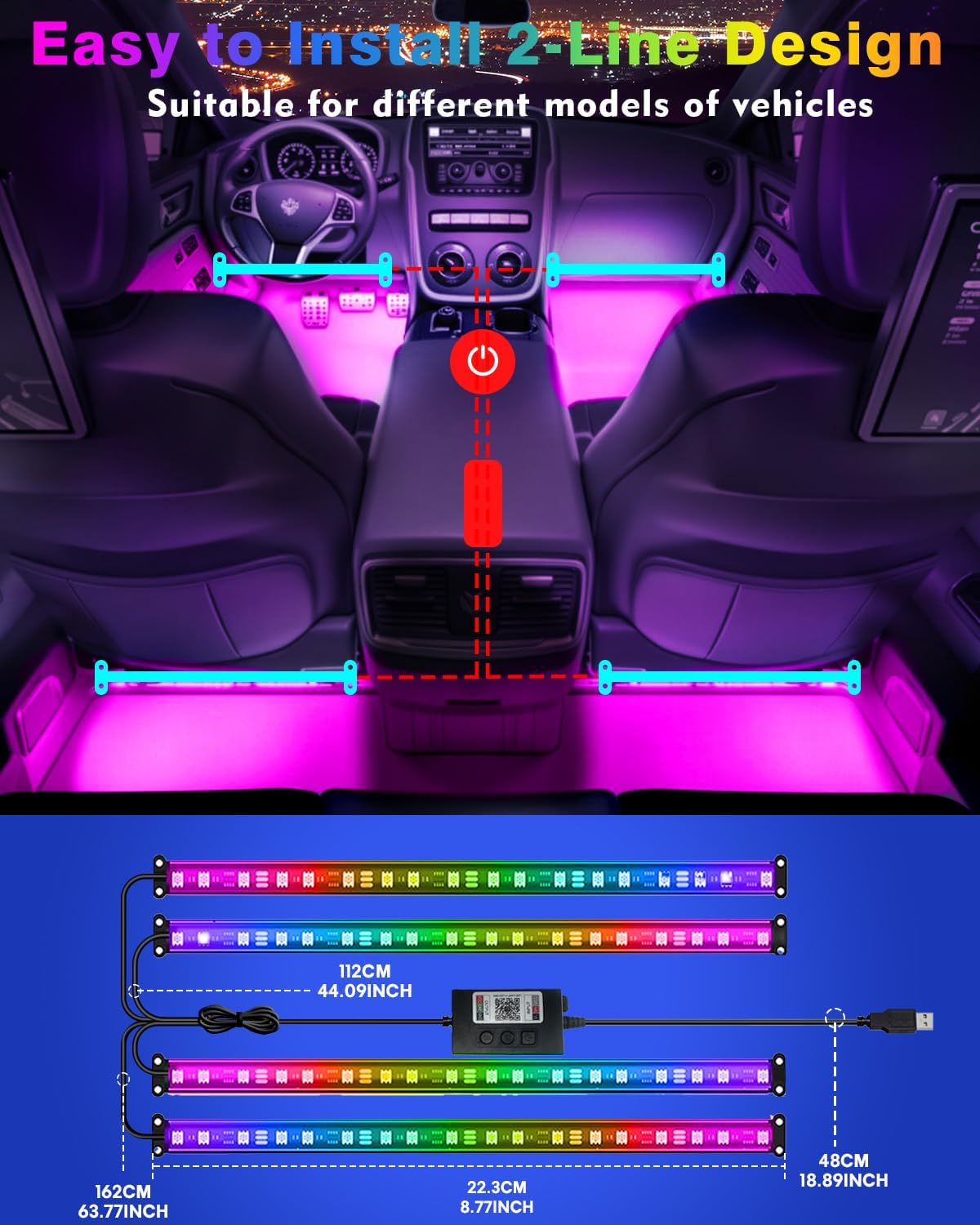 Car Led Strip Lights, RGB Truck Interior Lights with App Control, Under Dash Footwell Automotive Led Light Strip, Car Ambient Lighting (1set)