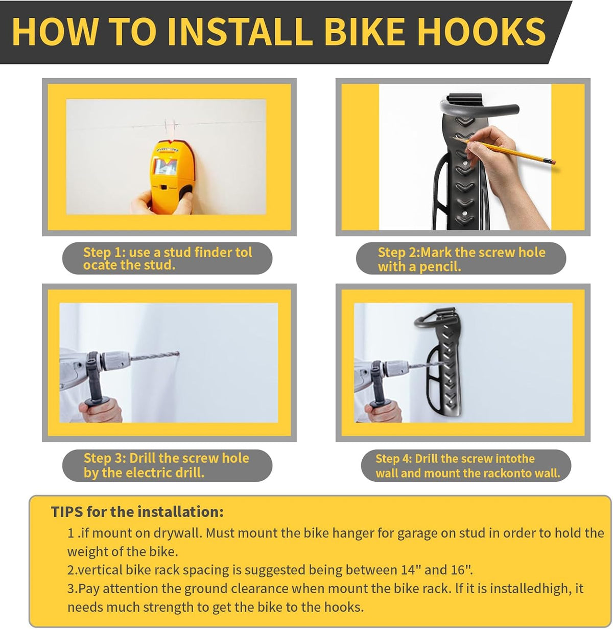 Vertical Bike Rack Wall Mount for Garage–Heavy-Duty Steel Bicycle Hook for Indoor Storage, Space-Saving Holder for Road, Mountain & Hybrid Bikes, Fits Tires Up to 2.6" Wide (2 Pack)